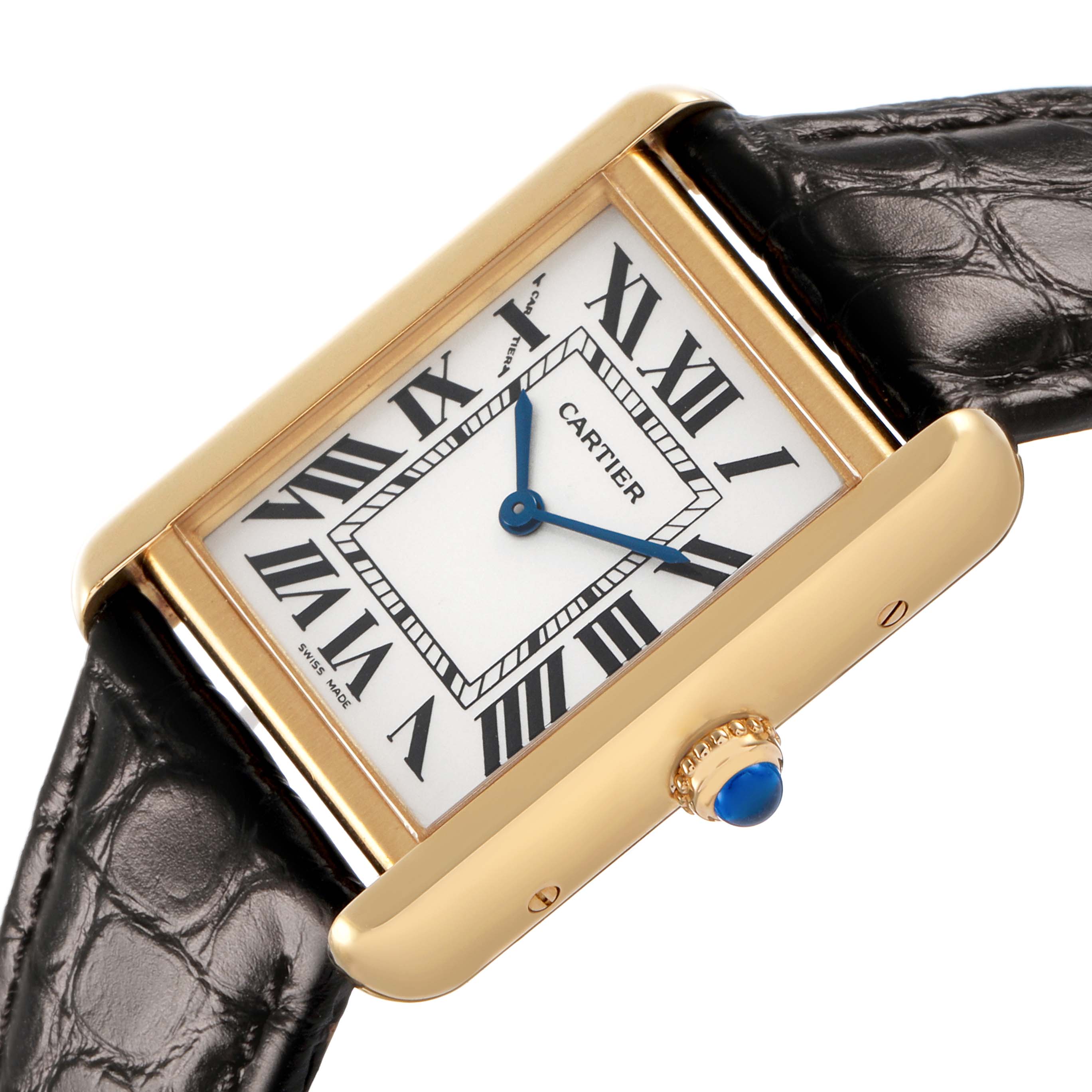 The Cartier Tank Solo W1018755 Women's Yellow Gold Silver Dial watch is shown at an angled view, highlighting its rectangular face, gold casing, Roman numerals, and black leather strap.