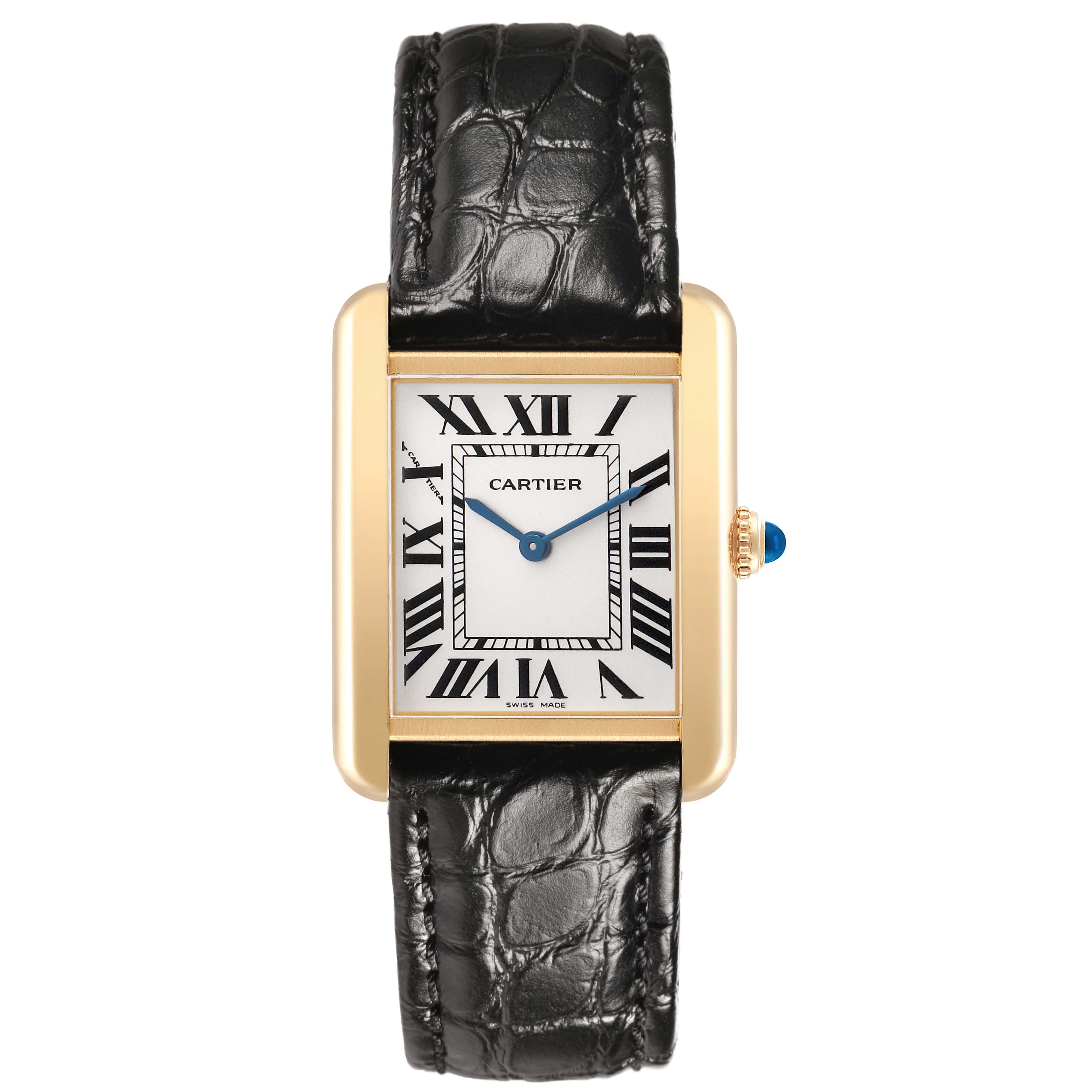 The Cartier Tank Solo W1018755 Women's Yellow Gold Silver Dial watch is shown front-facing, displaying its rectangular dial, Roman numerals, and leather strap.
