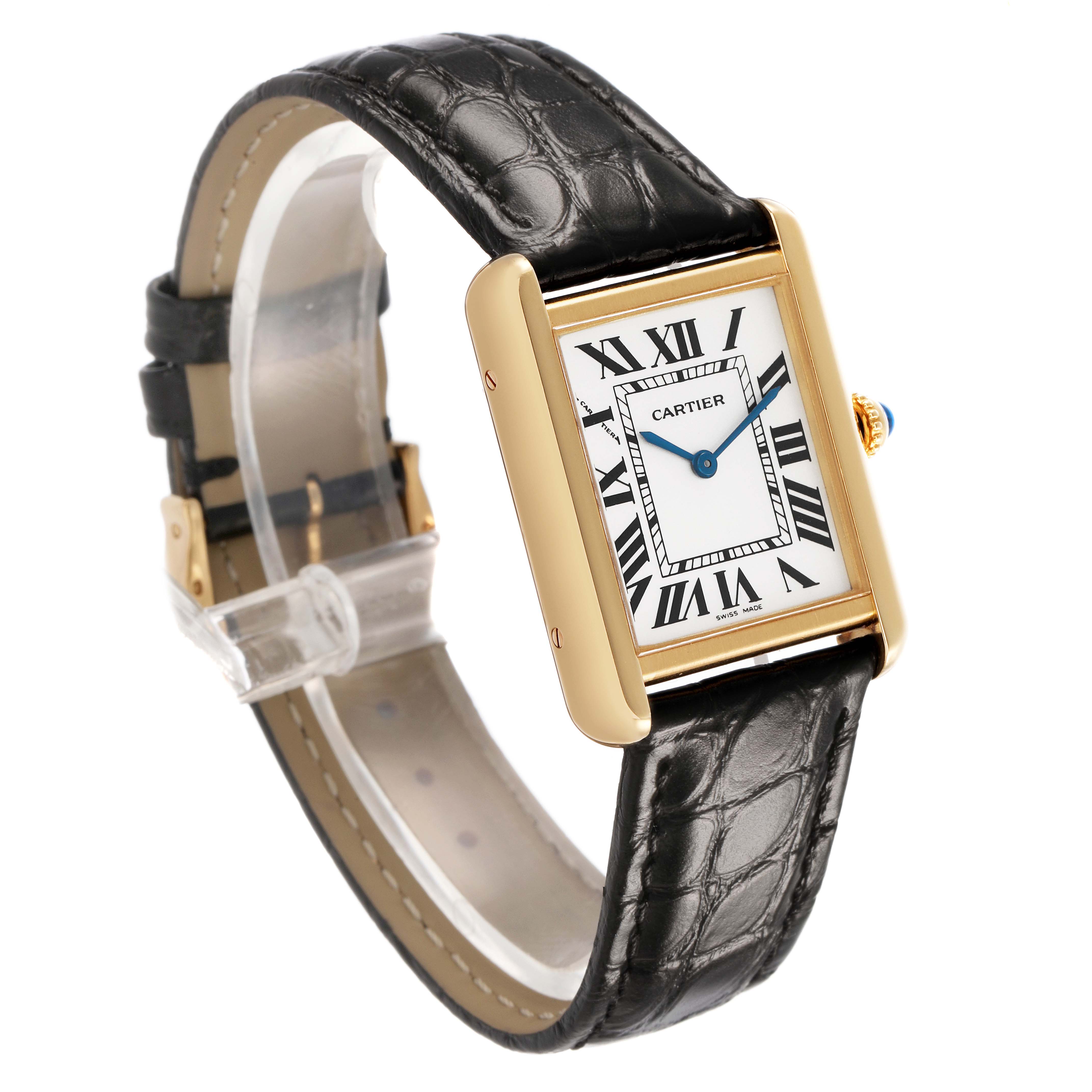 The Cartier Tank Solo W1018755 Women's Yellow Gold Silver Dial watch is shown in a three-quarter view, highlighting its rectangular face, gold case, and black leather strap.