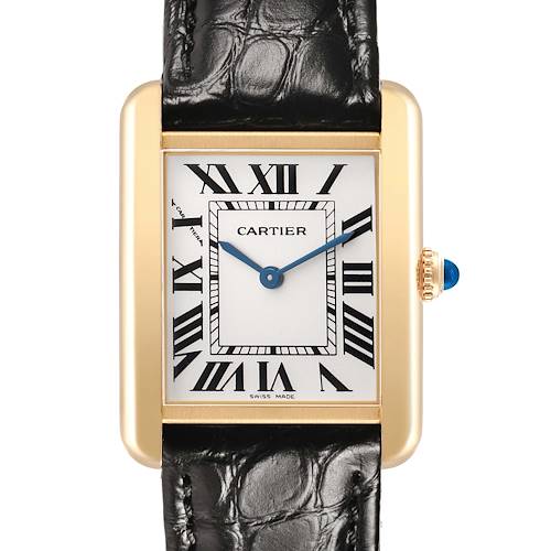 The Cartier Tank Solo W1018755 Women's Yellow Gold Silver Dial watch is shown from the front, highlighting its face, Roman numerals, and strap.