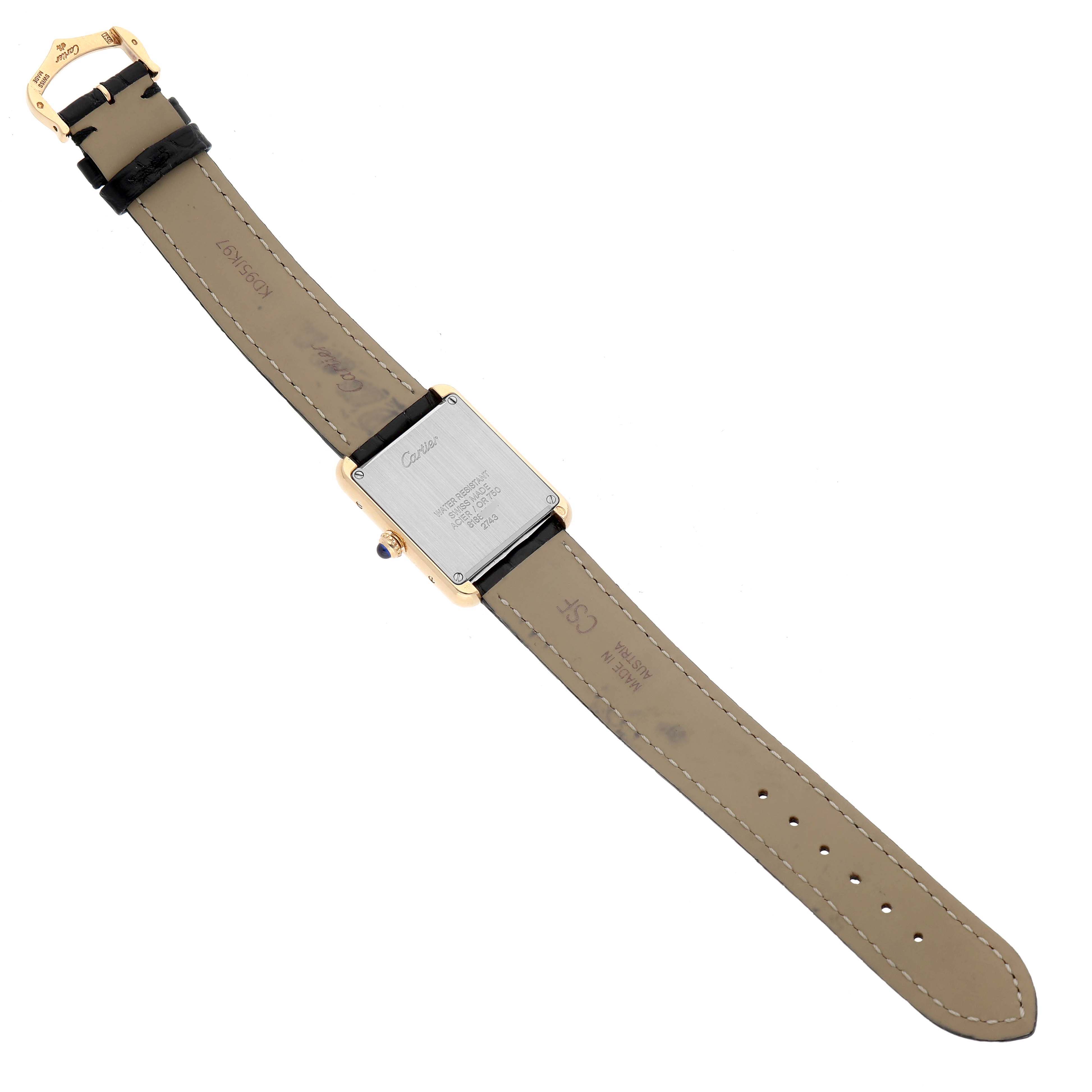 The image shows a Cartier Tank Solo W1018755 Women's Yellow Gold Silver Dial watch from the back, displaying its case back, strap, and buckle.