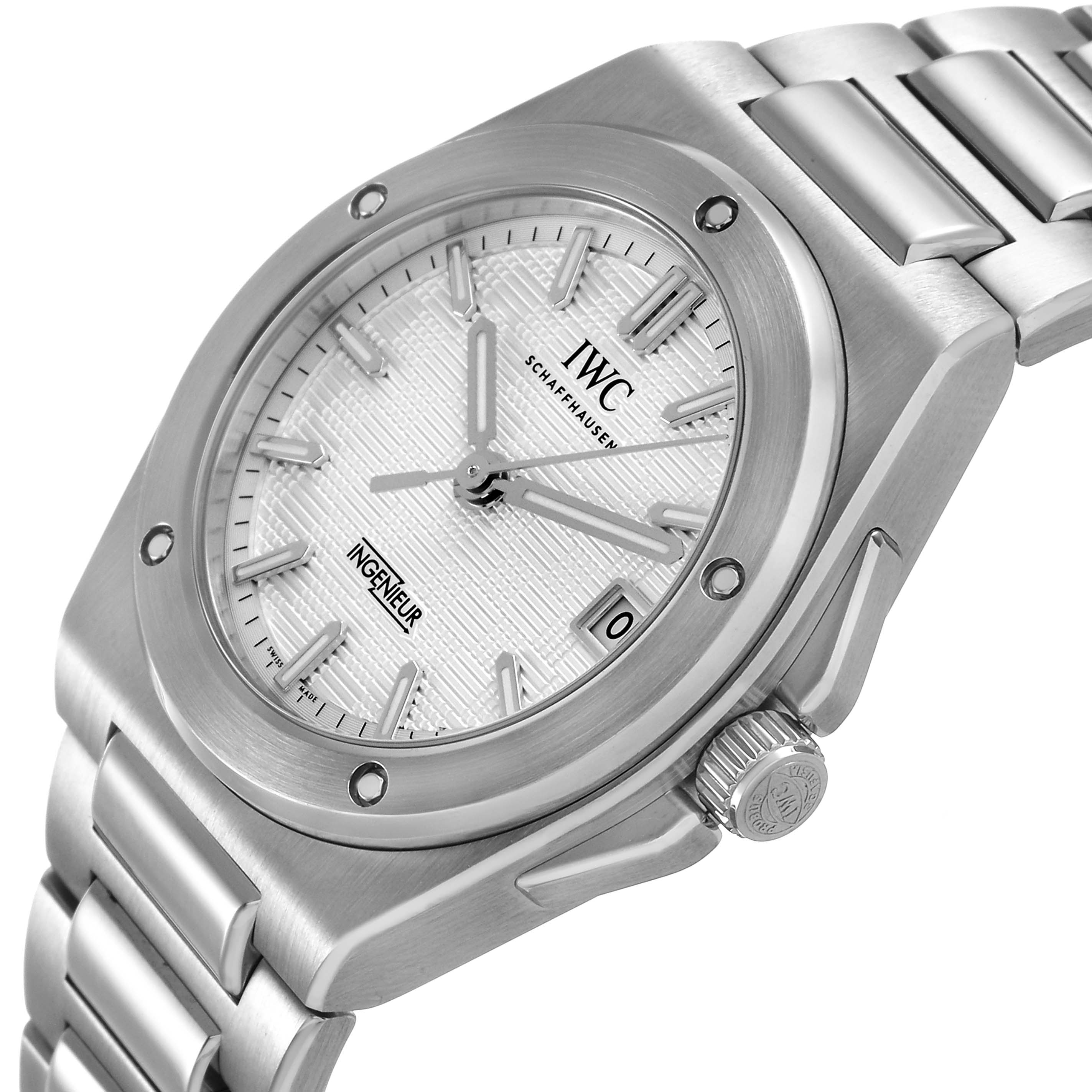 The IWC IW324901 Women's Stainless Steel Silver Dial Ingenieur 35 Steel Silver Dial Ladies Watch IW324901 is shown at a three-quarter angle, highlighting the dial, bezel, bracelet, and crown.