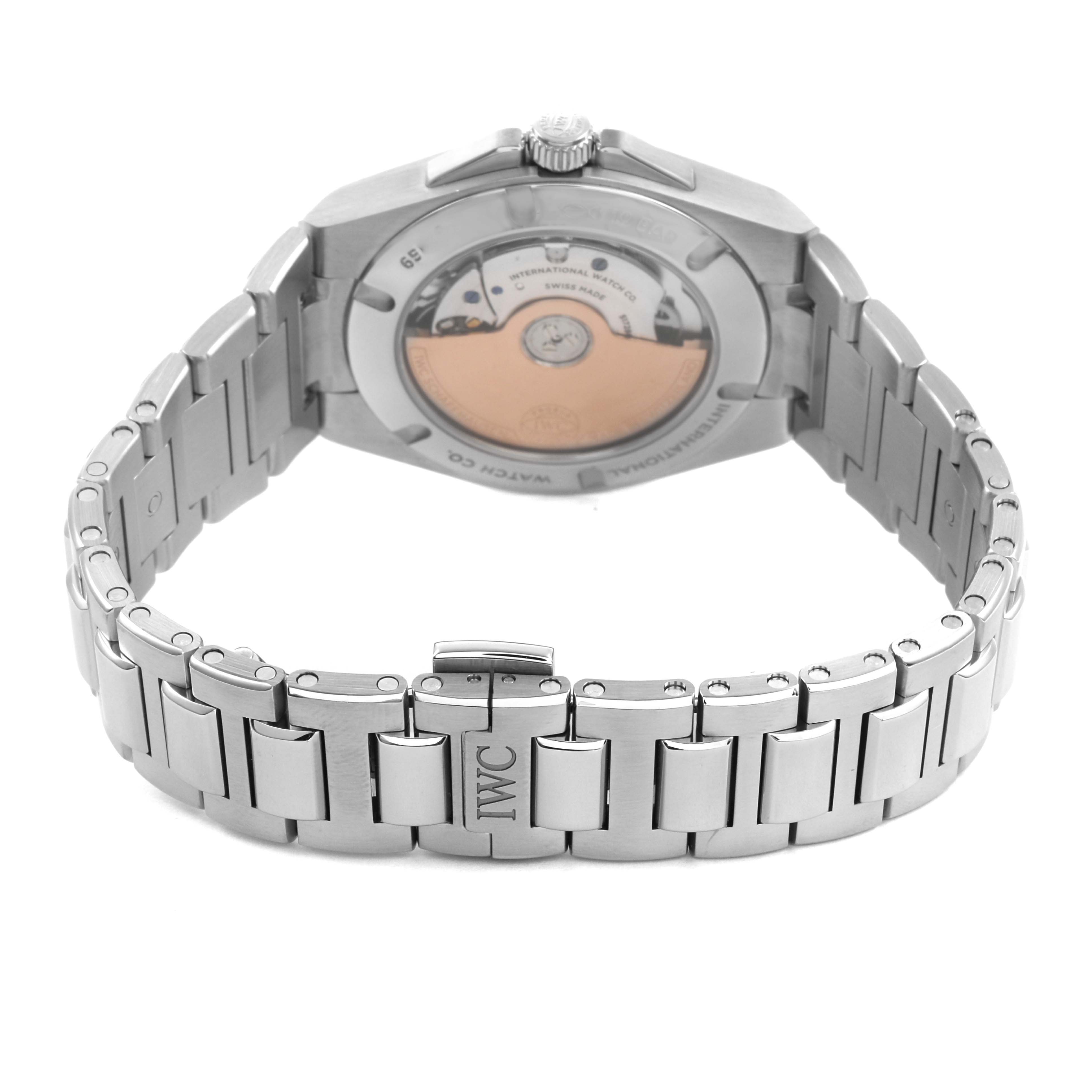The IWC IW324901 Women's Stainless Steel Silver Dial Ingenieur 35 Steel Silver Dial Ladies Watch IW324901 is shown from the back, highlighting the case back and bracelet.