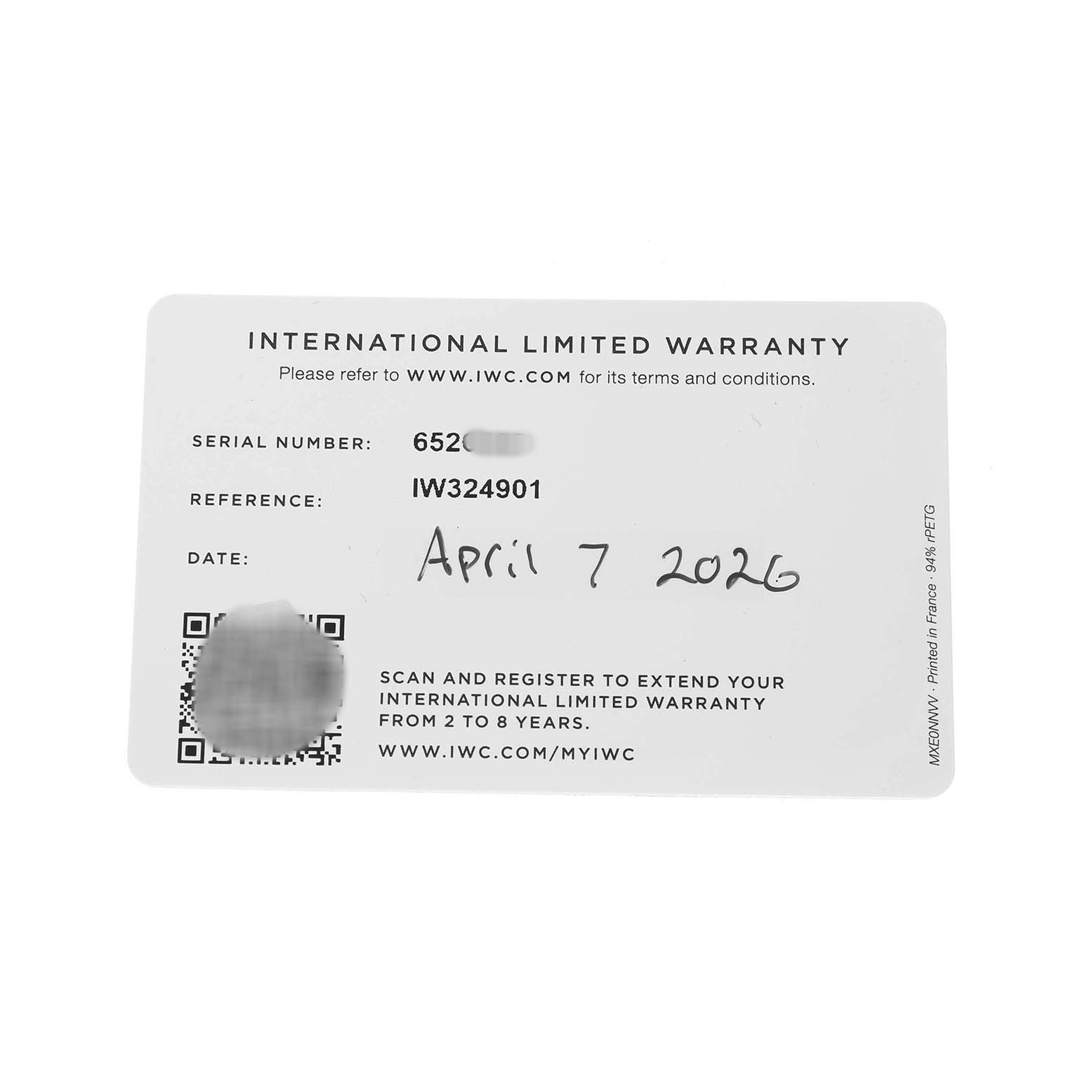The image shows an International Limited Warranty card for the IWC IW324901 Women's Stainless Steel Silver Dial Ingenieur 35 Steel Silver Dial Ladies Watch IW324901.