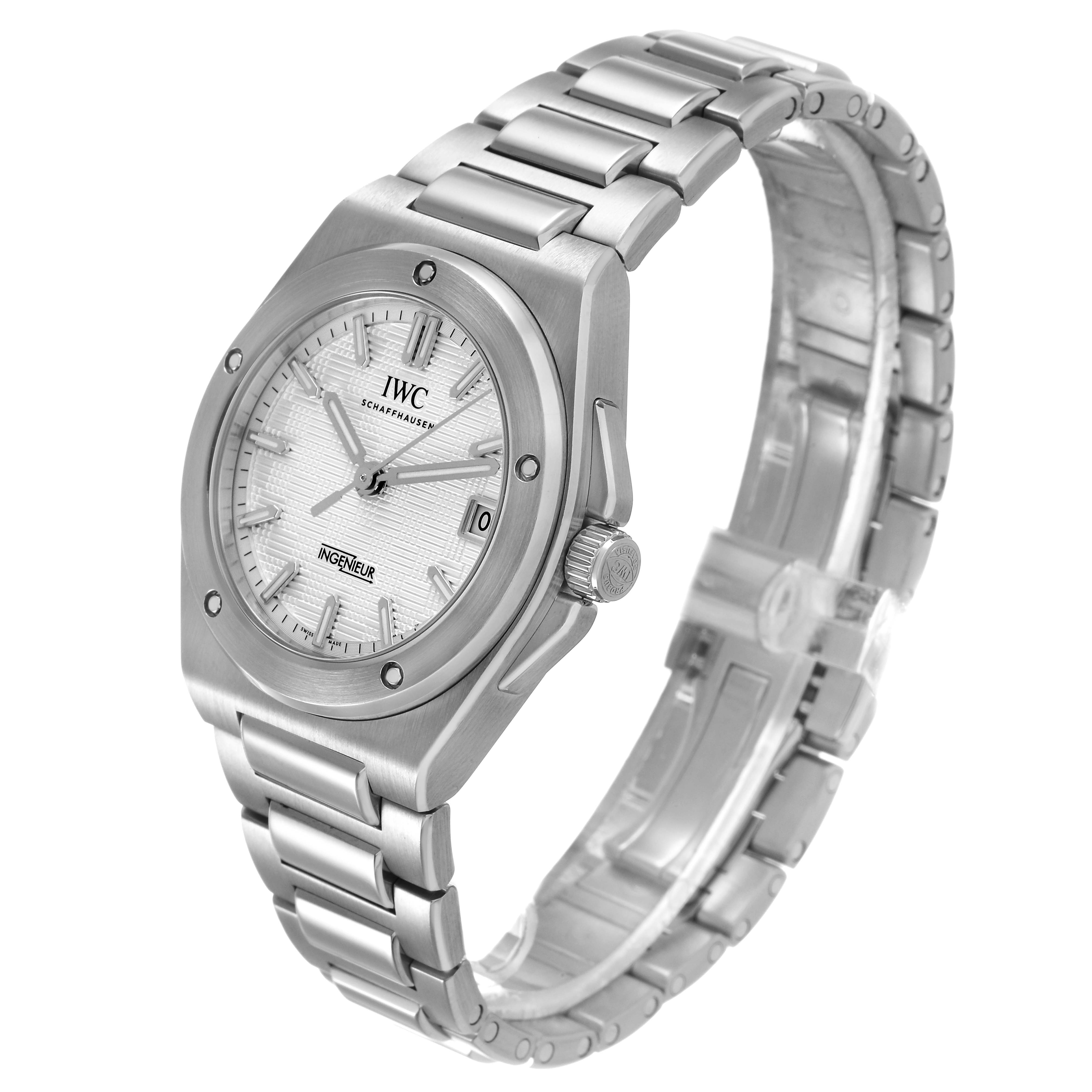 The IWC IW324901 Women's Stainless Steel Silver Dial Ingenieur 35 Steel Silver Dial Ladies Watch IW324901 is shown at a three-quarter angle showcasing its face and bracelet.