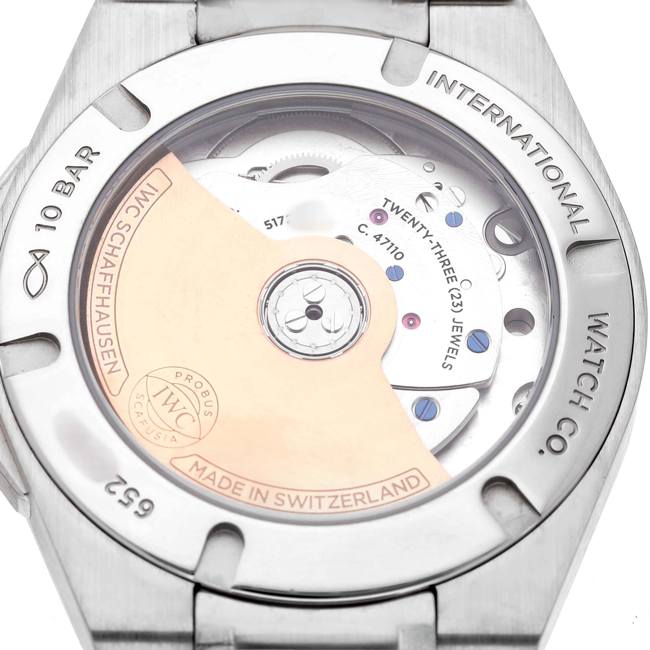 The image shows the back of the IWC IW324901 Women's Stainless Steel Silver Dial Ingenieur 35 Steel Silver Dial Ladies Watch IW324901, highlighting its movement through a transparent case back.