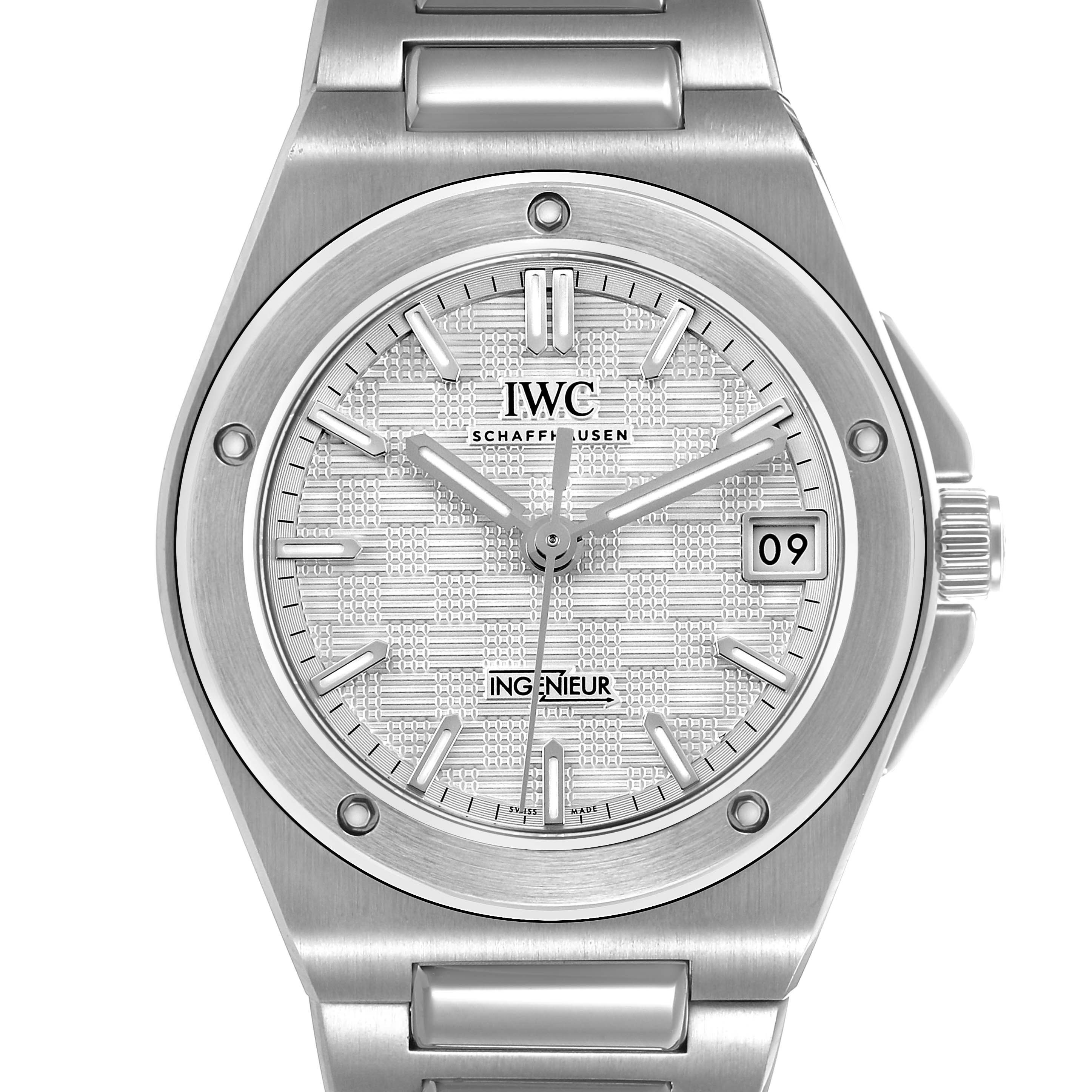The IWC IW324901 Women's Stainless Steel Silver Dial Ingenieur 35 Steel Silver Dial Ladies Watch IW324901 is shown from a front angle, displaying the dial, bezel, and bracelet.