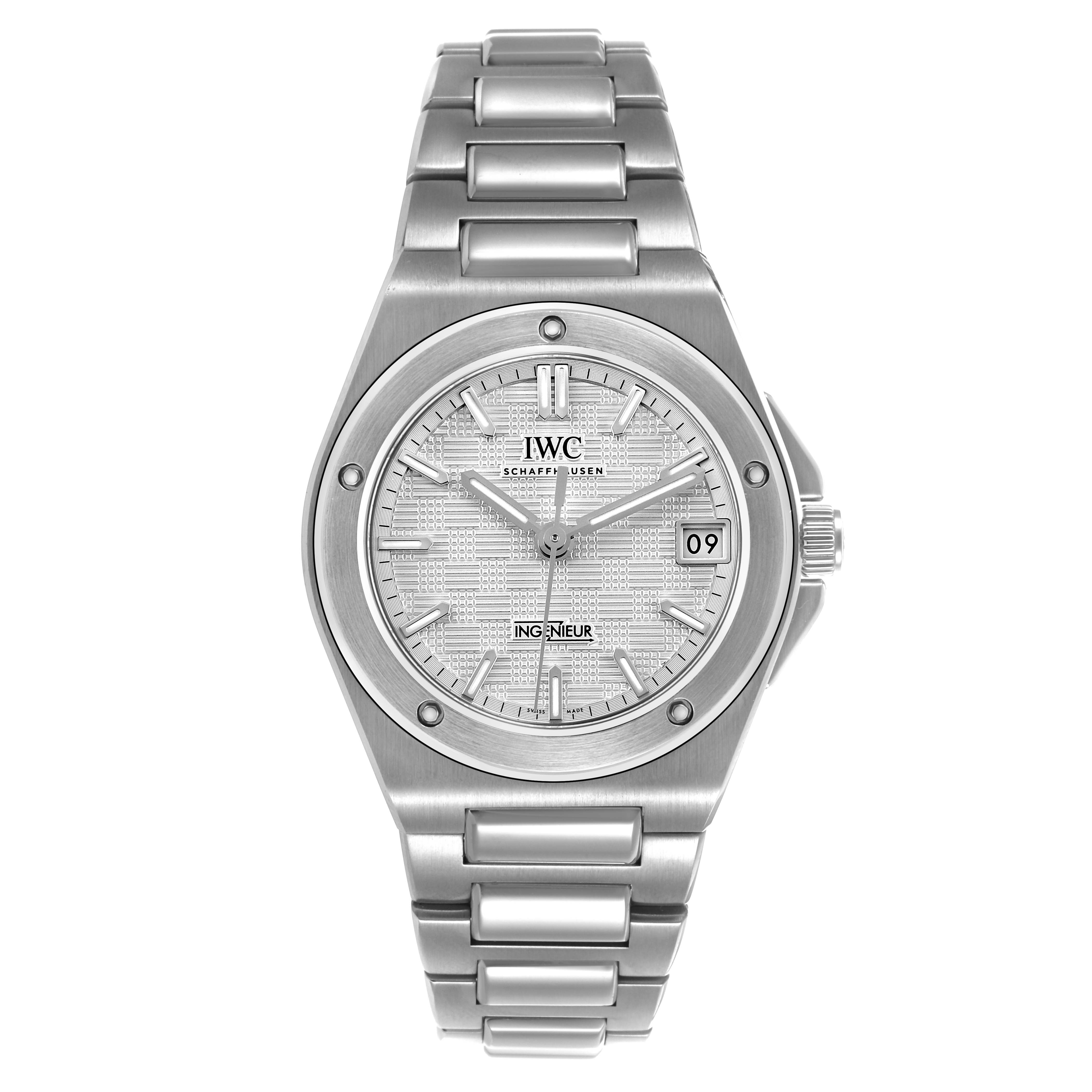 The IWC IW324901 Women's Stainless Steel Silver Dial Ingenieur 35 Steel Silver Dial Ladies Watch IW324901 is shown from a front view, highlighting its silver dial and steel bracelet.