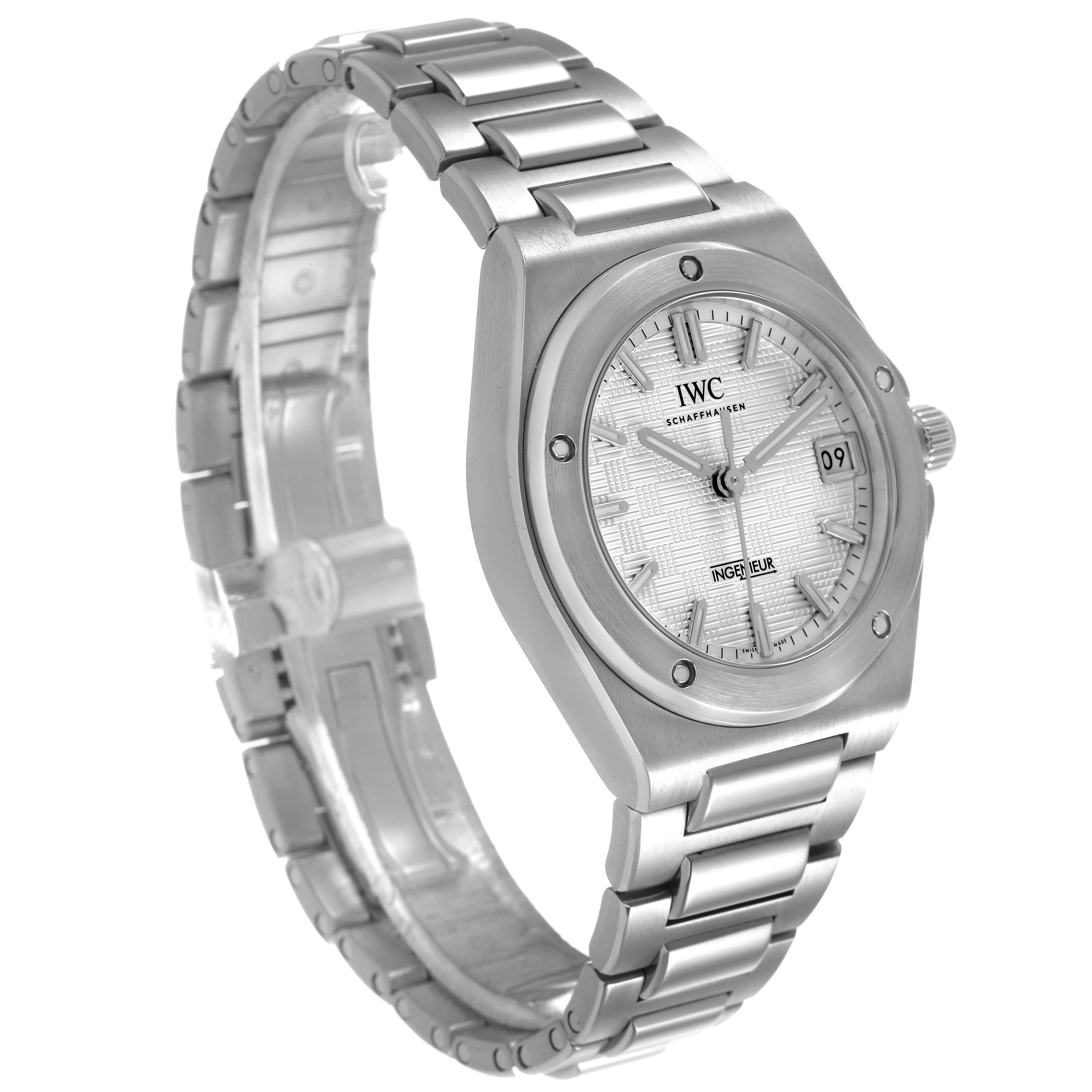 The IWC IW324901 Women's Stainless Steel Silver Dial Ingenieur 35 Steel Silver Dial Ladies Watch IW324901 is shown at an angled view, highlighting the dial, bezel, and bracelet.