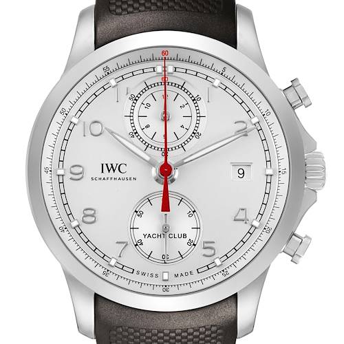 The image shows a frontal view of the IWC Portuguese IW390502 Men's Stainless Steel Silver Dial Yacht Club Chronograph, displaying its dial, hands, subdials, and crown.