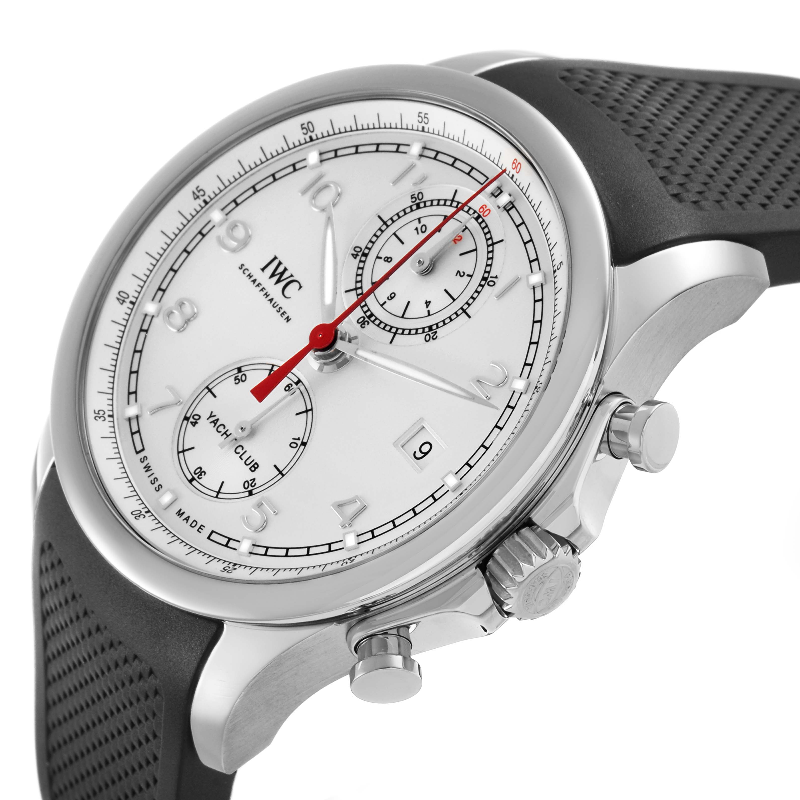 The IWC Portuguese IW390502 Men's Stainless Steel Silver Dial model watch is shown at an angle highlighting the dial, crown, pushers, and part of the strap.