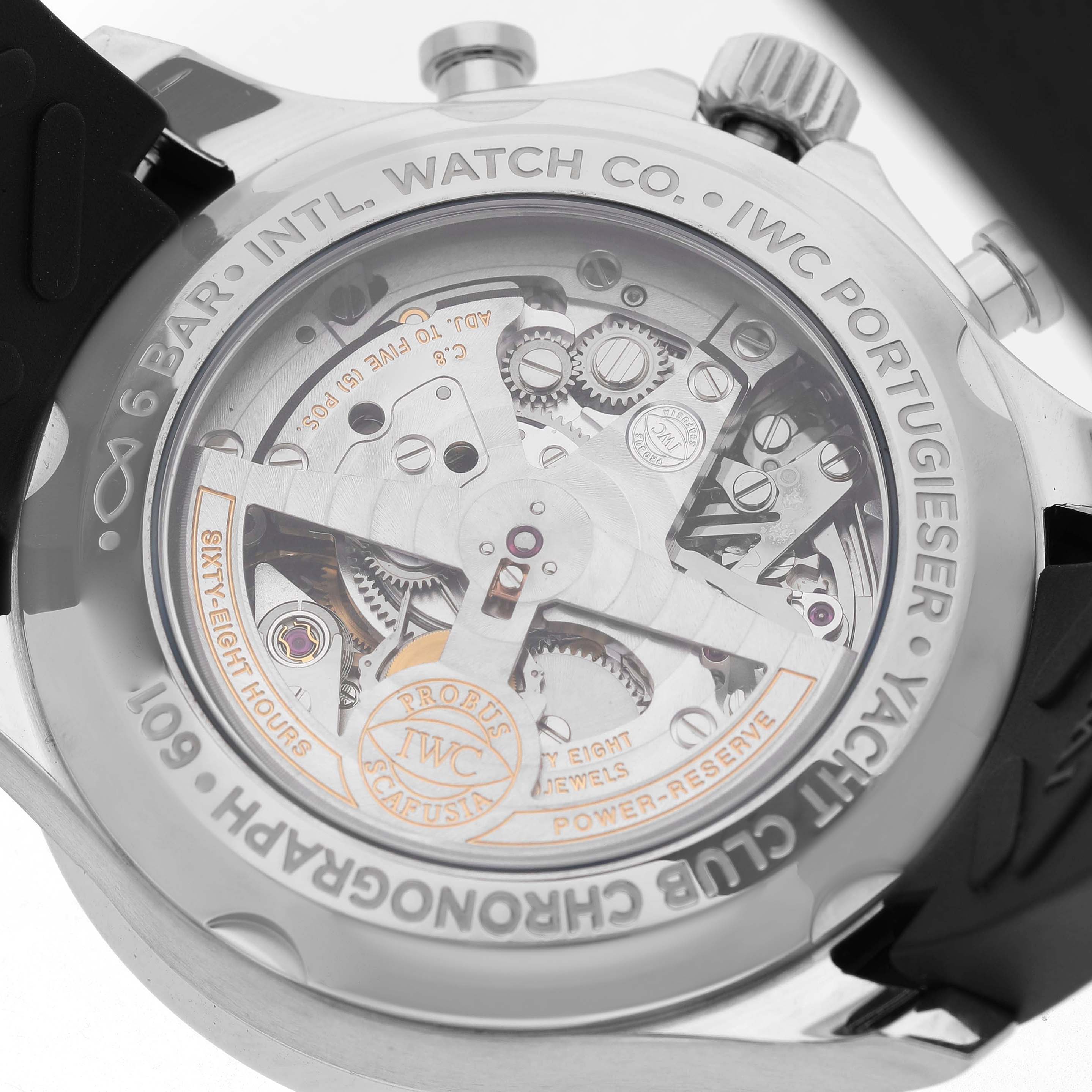 The image shows the back of an IWC Portuguese IW390502 Men's Stainless Steel Silver Dial watch, highlighting its open caseback and intricate movement details.