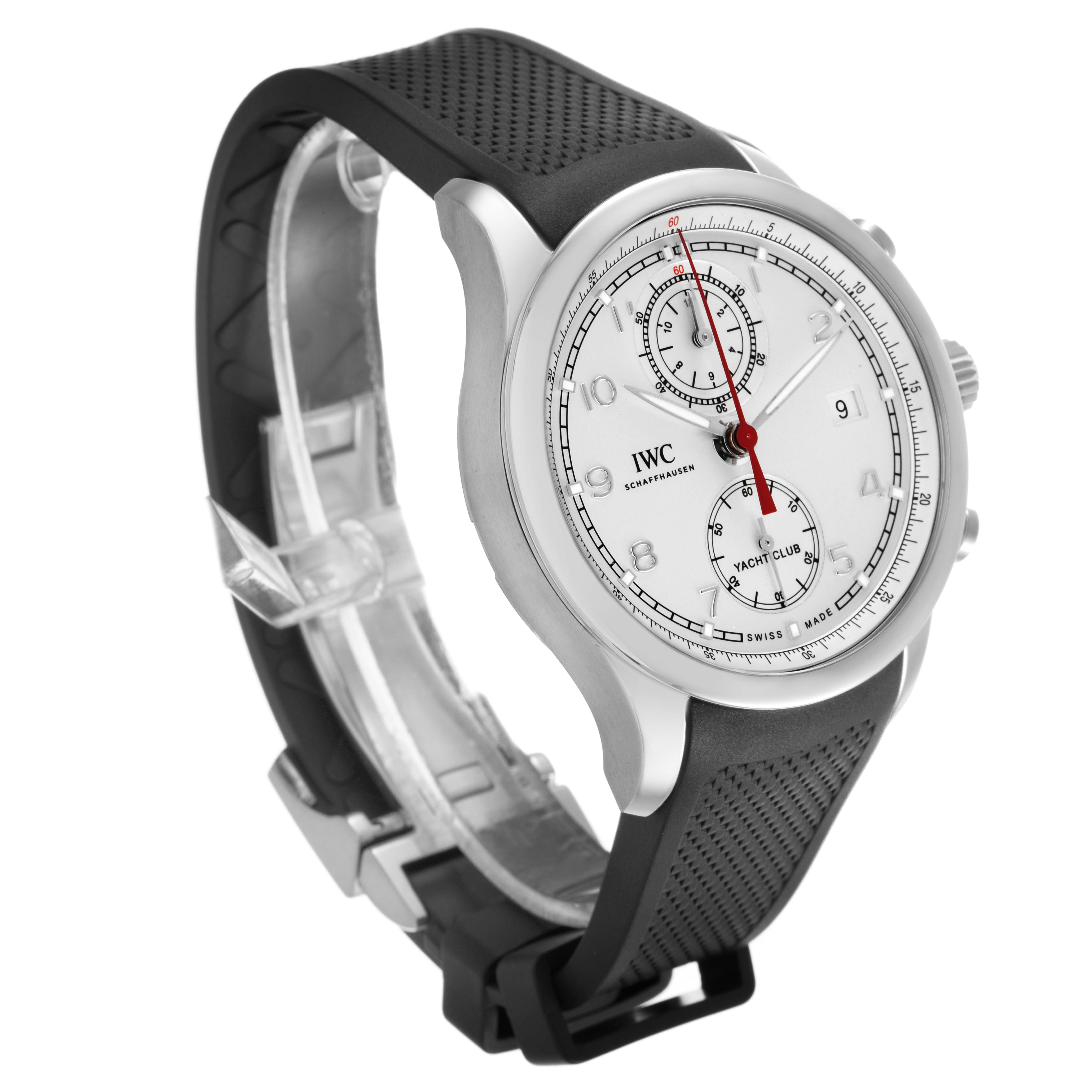 The IWC Portuguese IW390502 Men's Stainless Steel Silver Dial watch is shown at a three-quarter angle, highlighting the face, bezel, and strap.