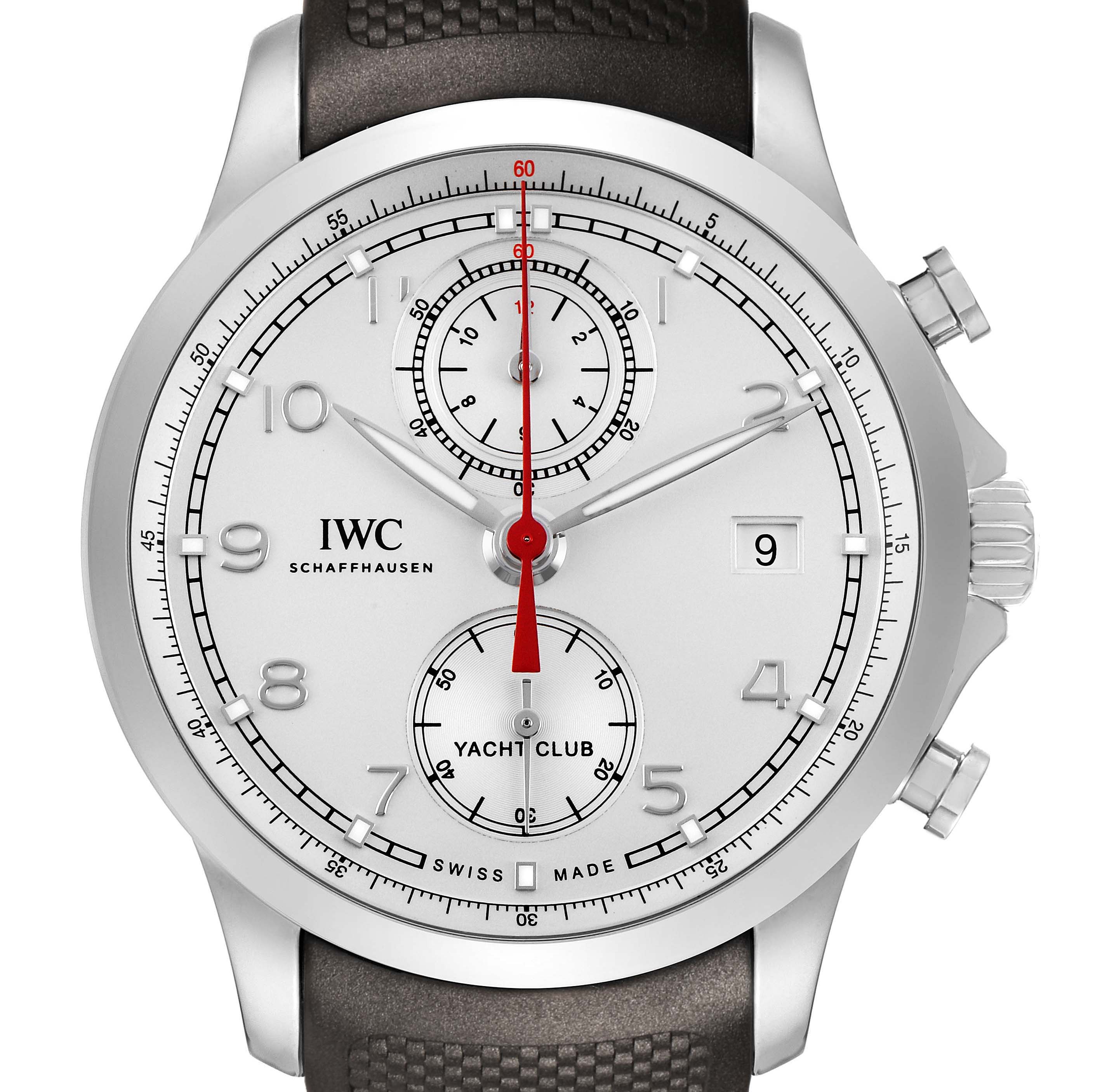 The image shows a front view of the IWC Portuguese IW390502 Men's Stainless Steel Silver Dial Yacht Club Chronograph, highlighting the dial and crown.
