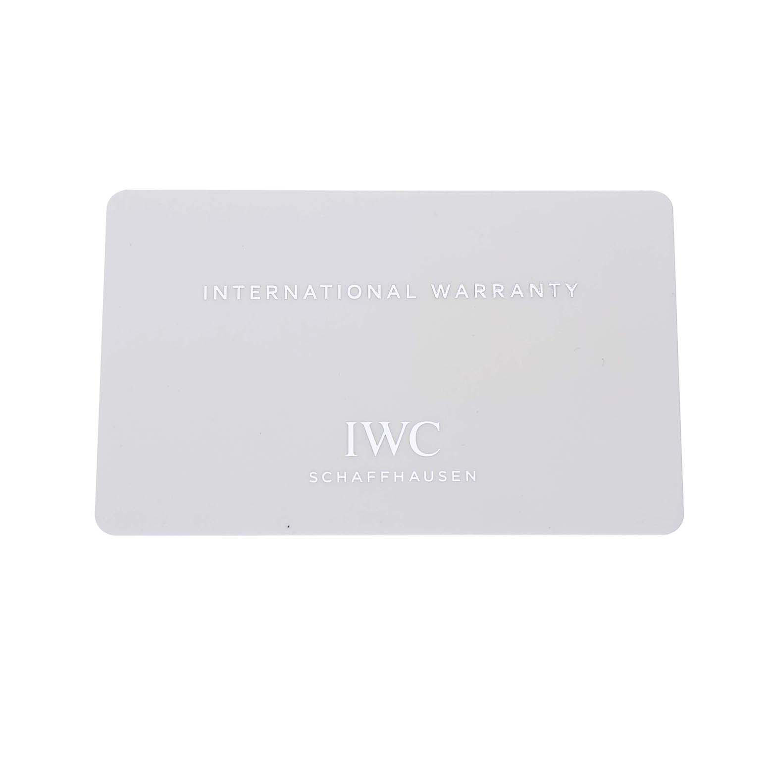 The image shows an "International Warranty" card for the IWC Portuguese IW390502 Men's Stainless Steel Silver Dial model.