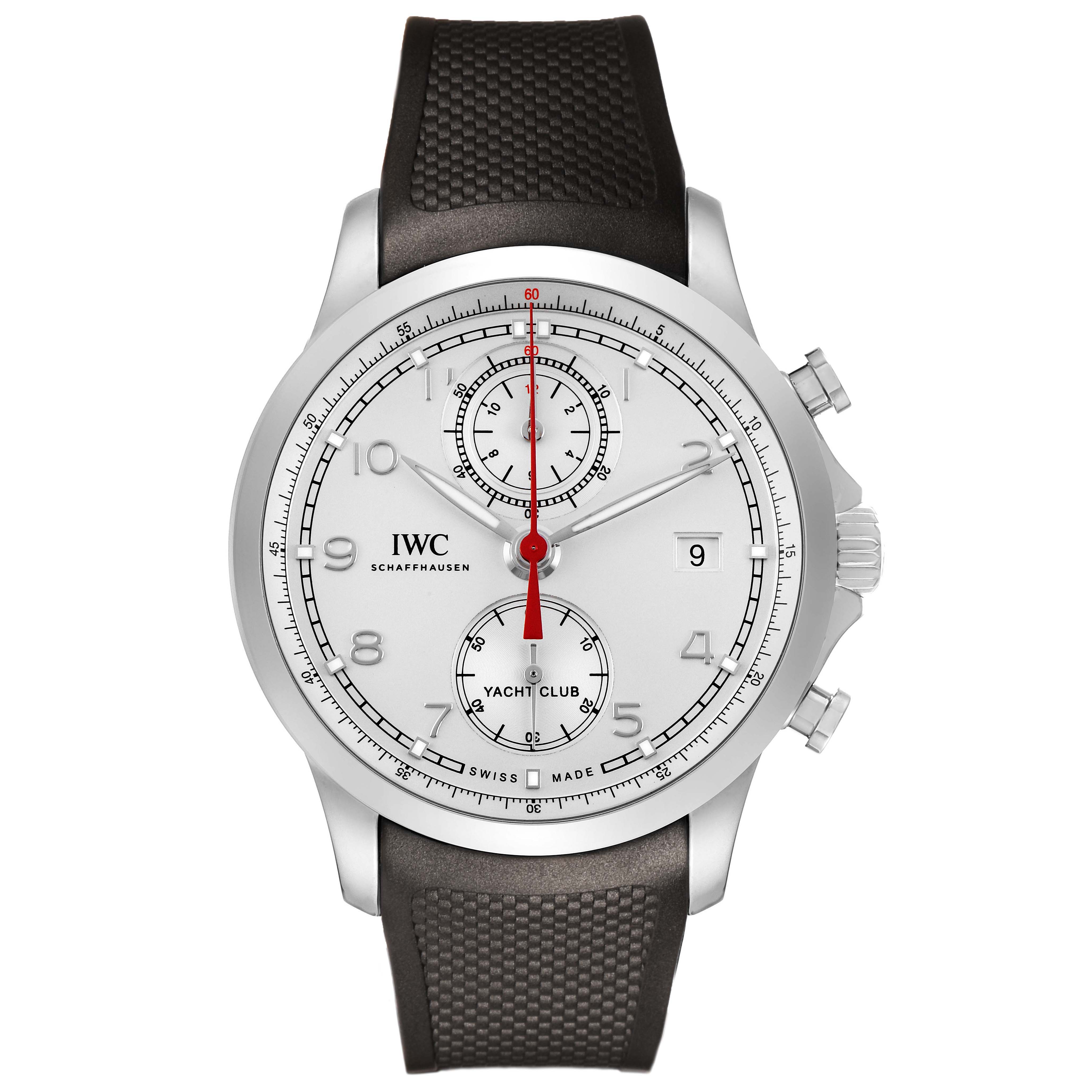 The IWC Portuguese IW390502 Men's Stainless Steel Silver Dial watch features a frontal view, showcasing its dial, subdials, hands, and case.