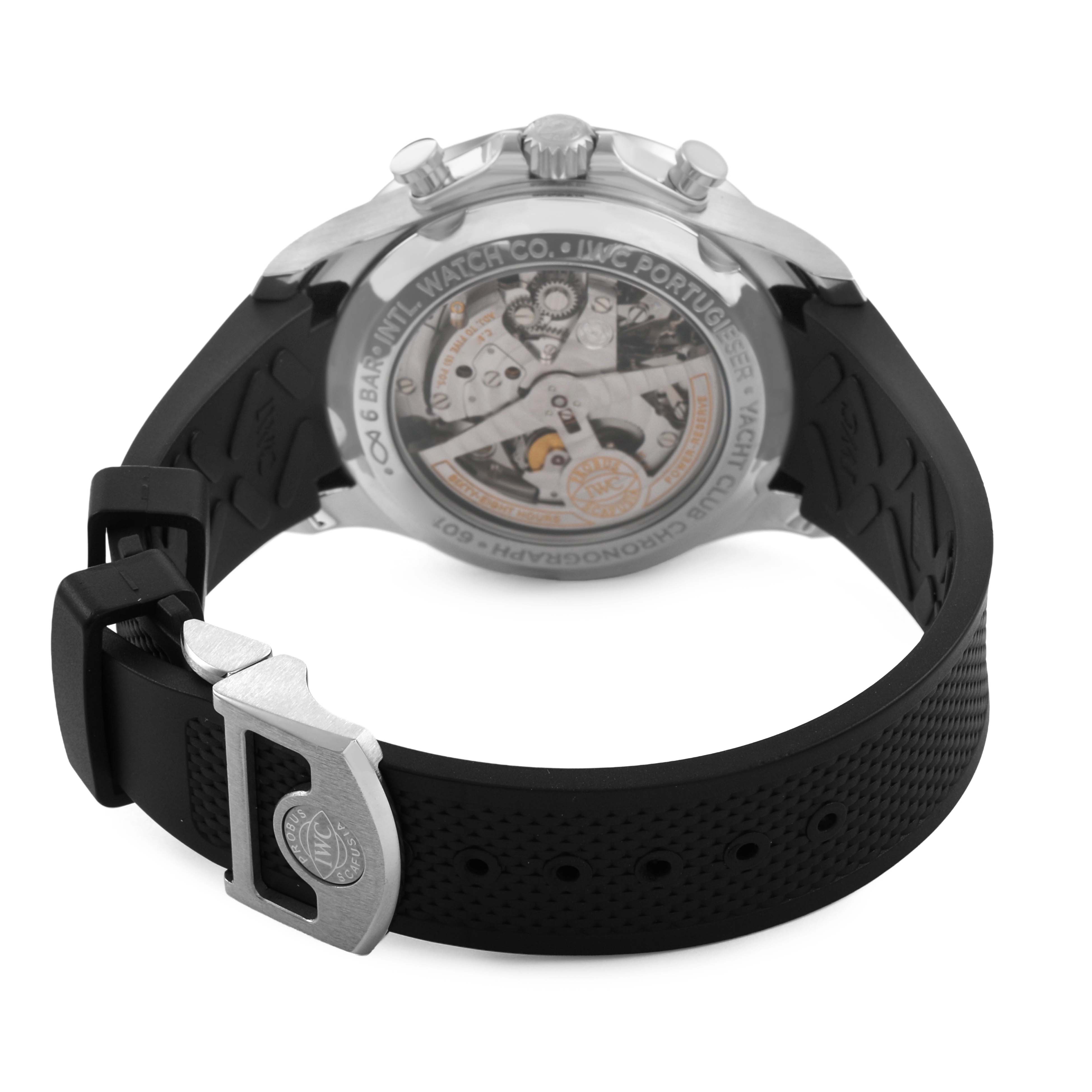 The IWC Portuguese IW390502 Men's Stainless Steel Silver Dial watch is shown from the back, highlighting the movement and clasp on the black strap.
