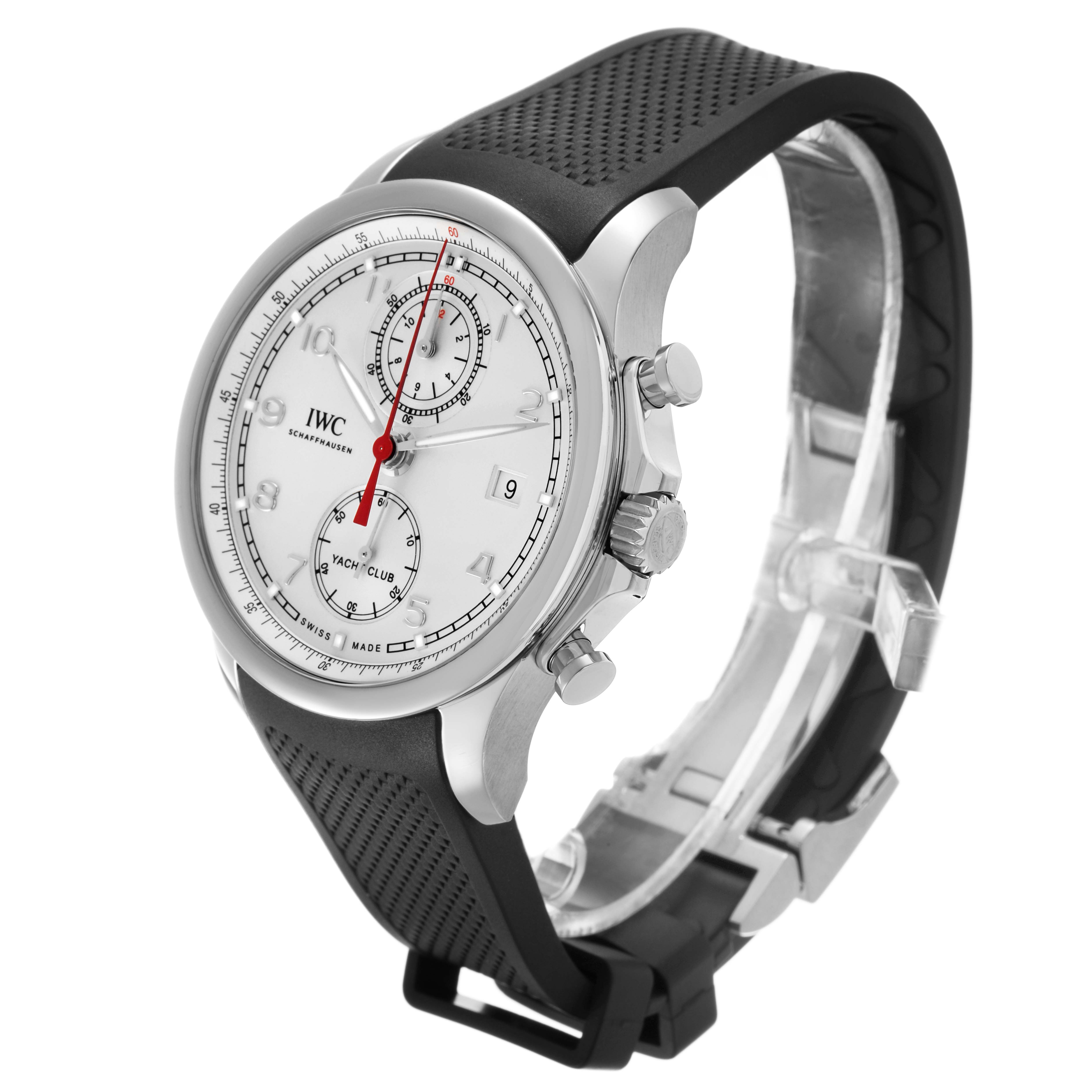 The IWC Portuguese IW390502 Men's Stainless Steel Silver Dial watch is shown at a three-quarter angle, highlighting the dial, chronograph subdials, side buttons, and black strap.