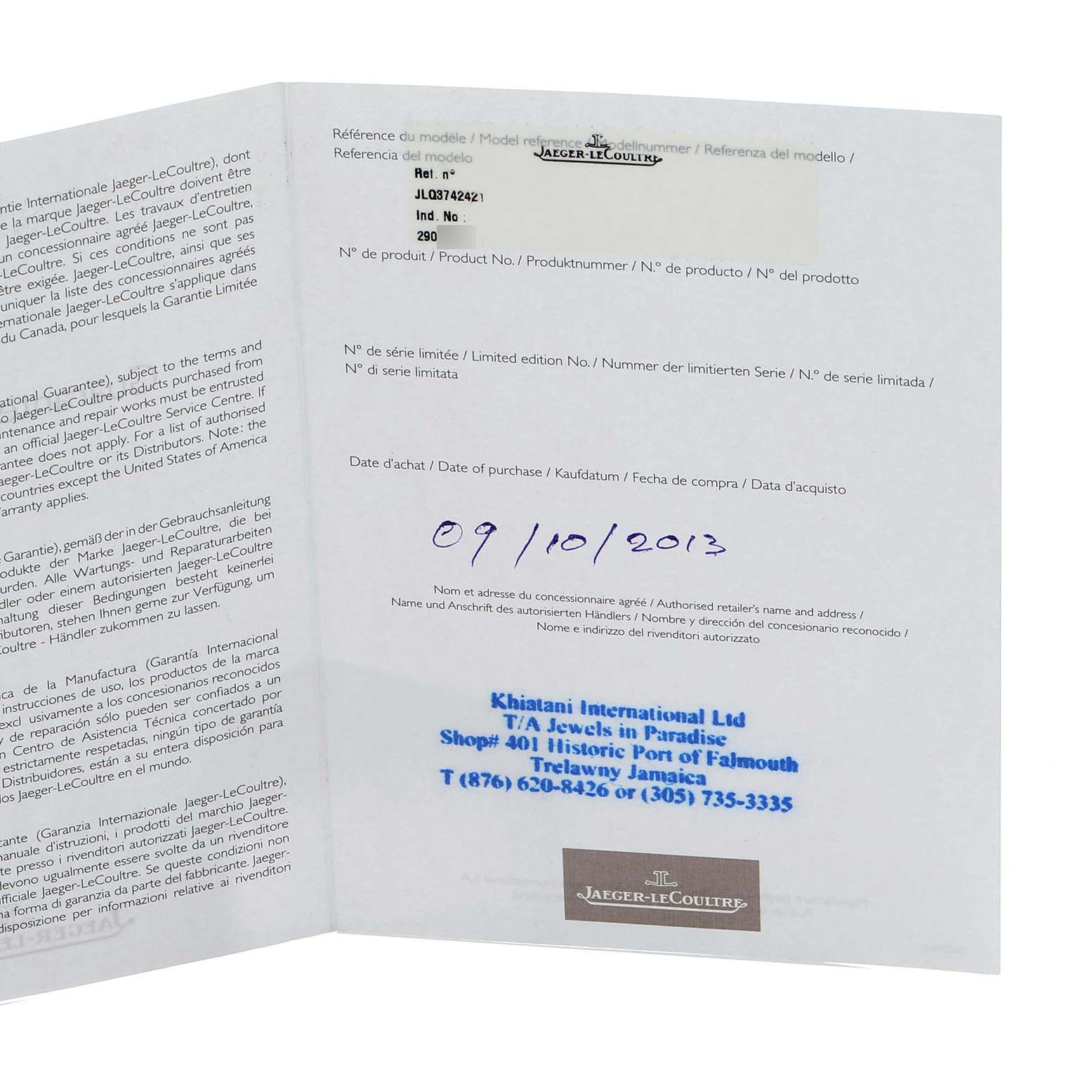 The image shows warranty papers for a Jaeger-LeCoultre Reverso watch, including model details and purchase date.
