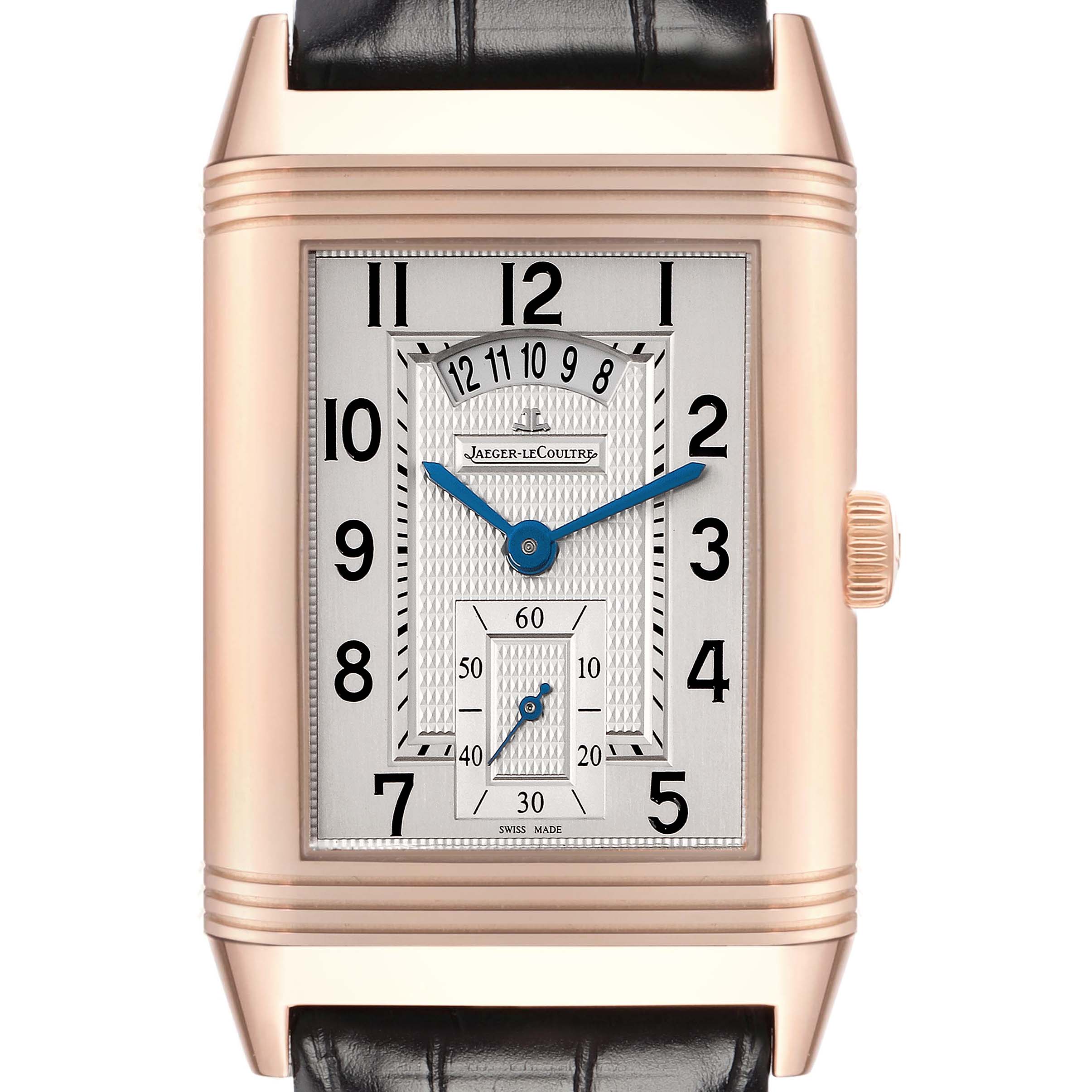 The Jaeger LeCoultre Reverso Q3742421 Men's Rose Gold Silver Dial watch is shown from a front angle, displaying its rectangular dial, blue hands, and black leather strap.