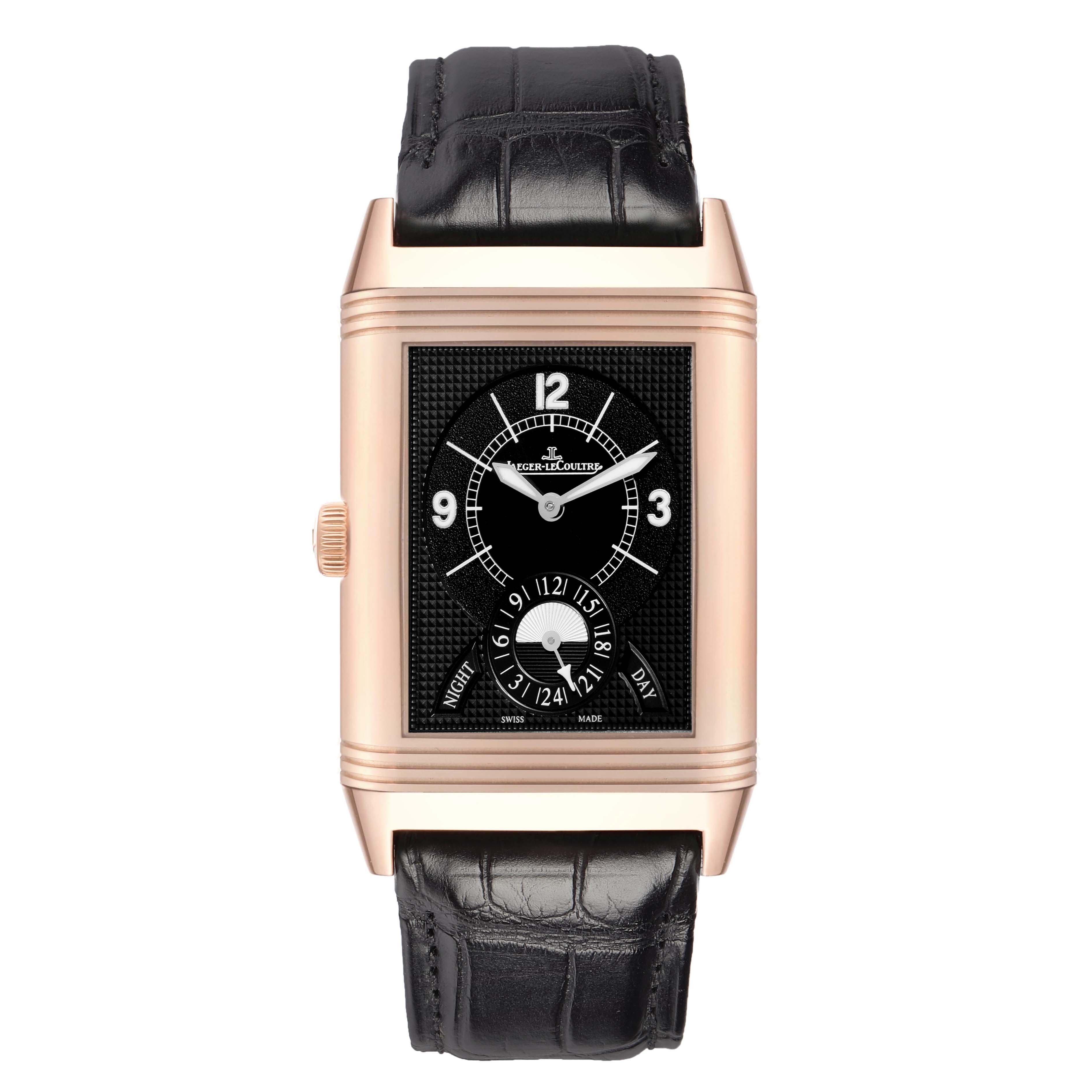 The Jaeger-LeCoultre Reverso watch is shown from the front, displaying the dial, hands, and strap.