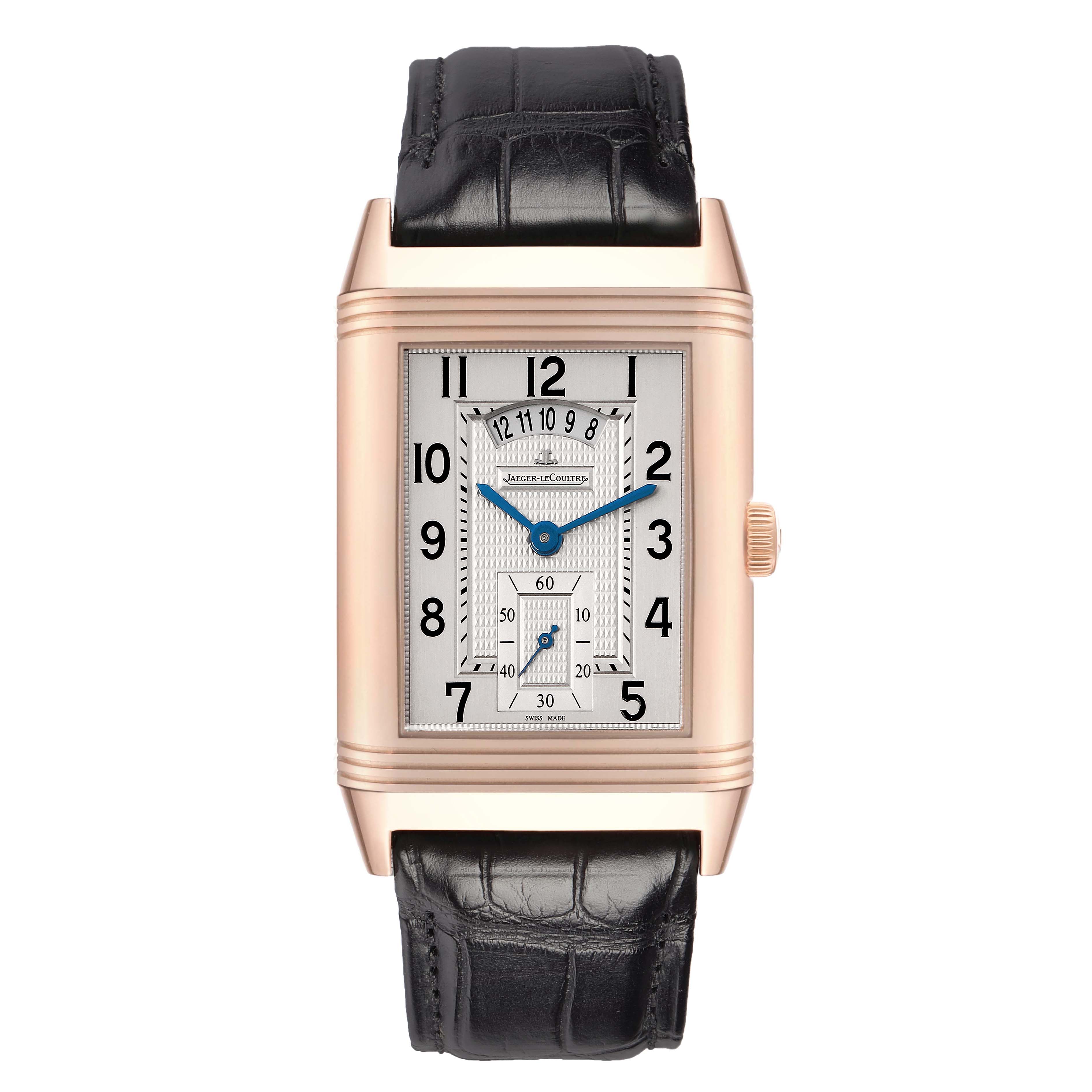The Jaeger LeCoultre Reverso Q3742421 Men's Rose Gold Silver Dial watch is shown from the front, displaying its rectangular face, rose gold case, and black leather strap.