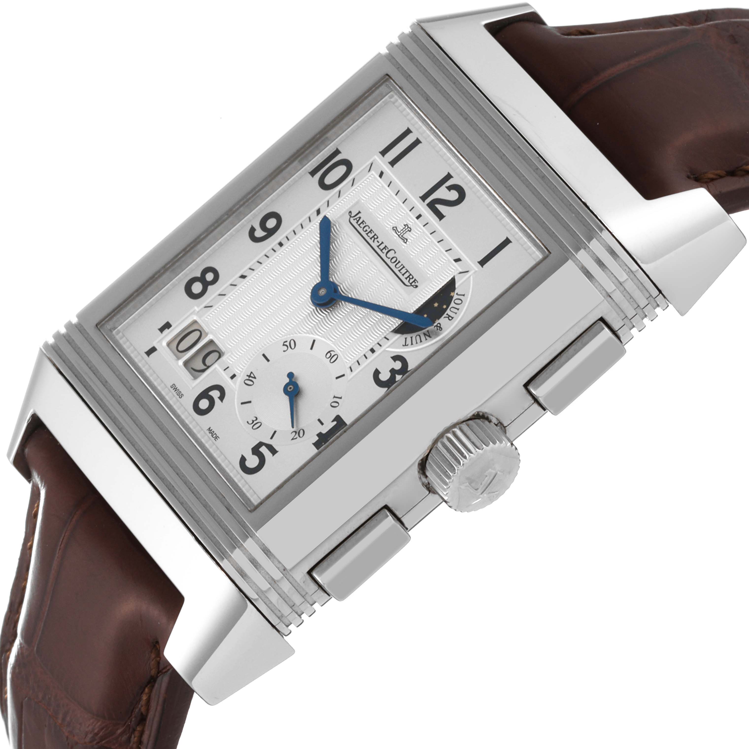 This image showcases a Jaeger LeCoultre Reverso Q3028420 Men's Stainless Steel Silver Dial Q3028420 Men's Stainless Steel Silver Dial watch at a side angle, revealing its dial, crown, and part of the leather strap.