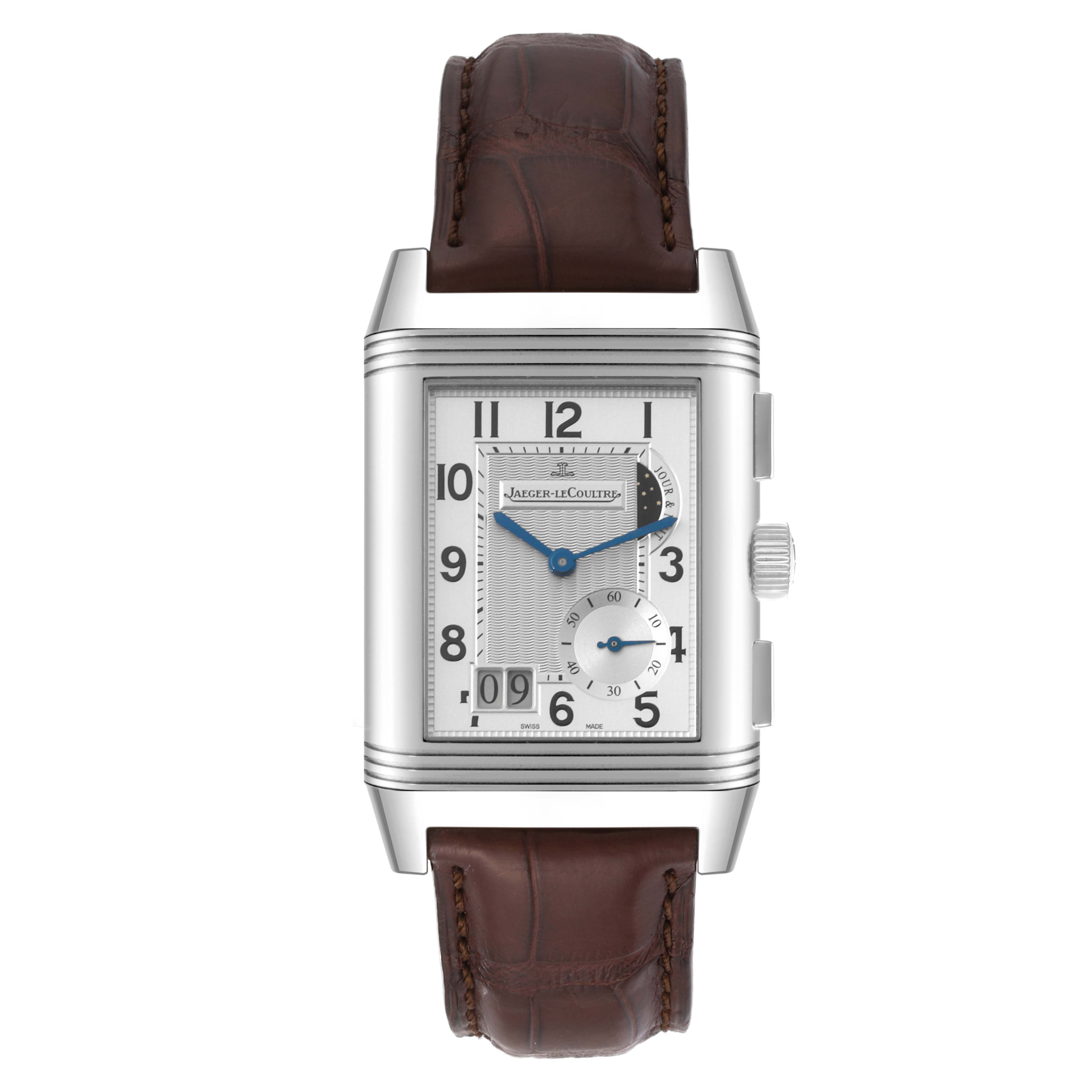 The image shows a frontal view of the Jaeger LeCoultre Reverso Q3028420 Men's Stainless Steel Silver Dial Q3028420 Men's Stainless Steel Silver Dial watch, displaying its rectangular case, dial, and leather strap.