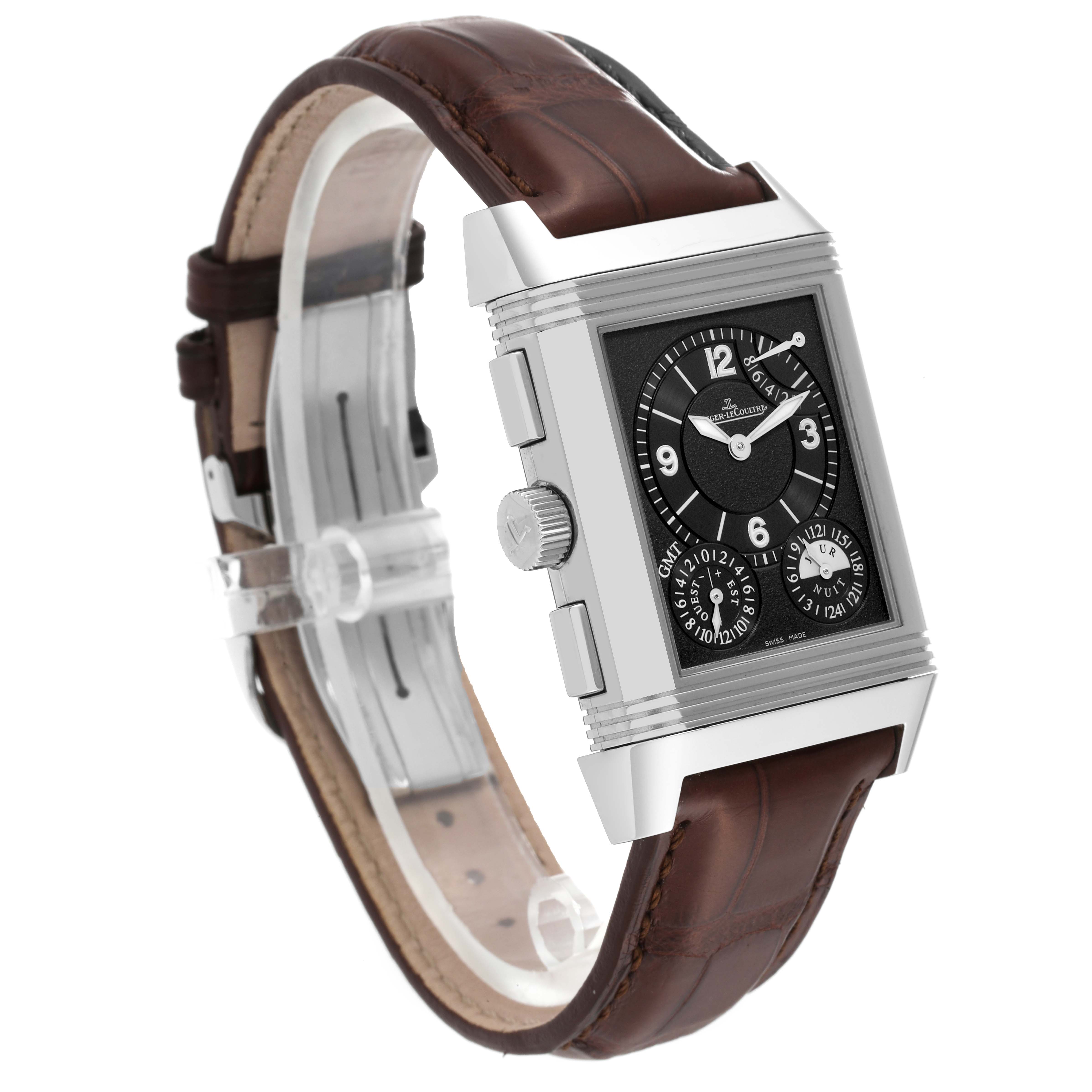 The Jaeger LeCoultre Reverso Q3028420 Men's Stainless Steel Silver Dial Q3028420 Men's Stainless Steel Silver Dial watch is shown from a slight left-side angle, showcasing its rectangular face, crown, and brown leather strap.