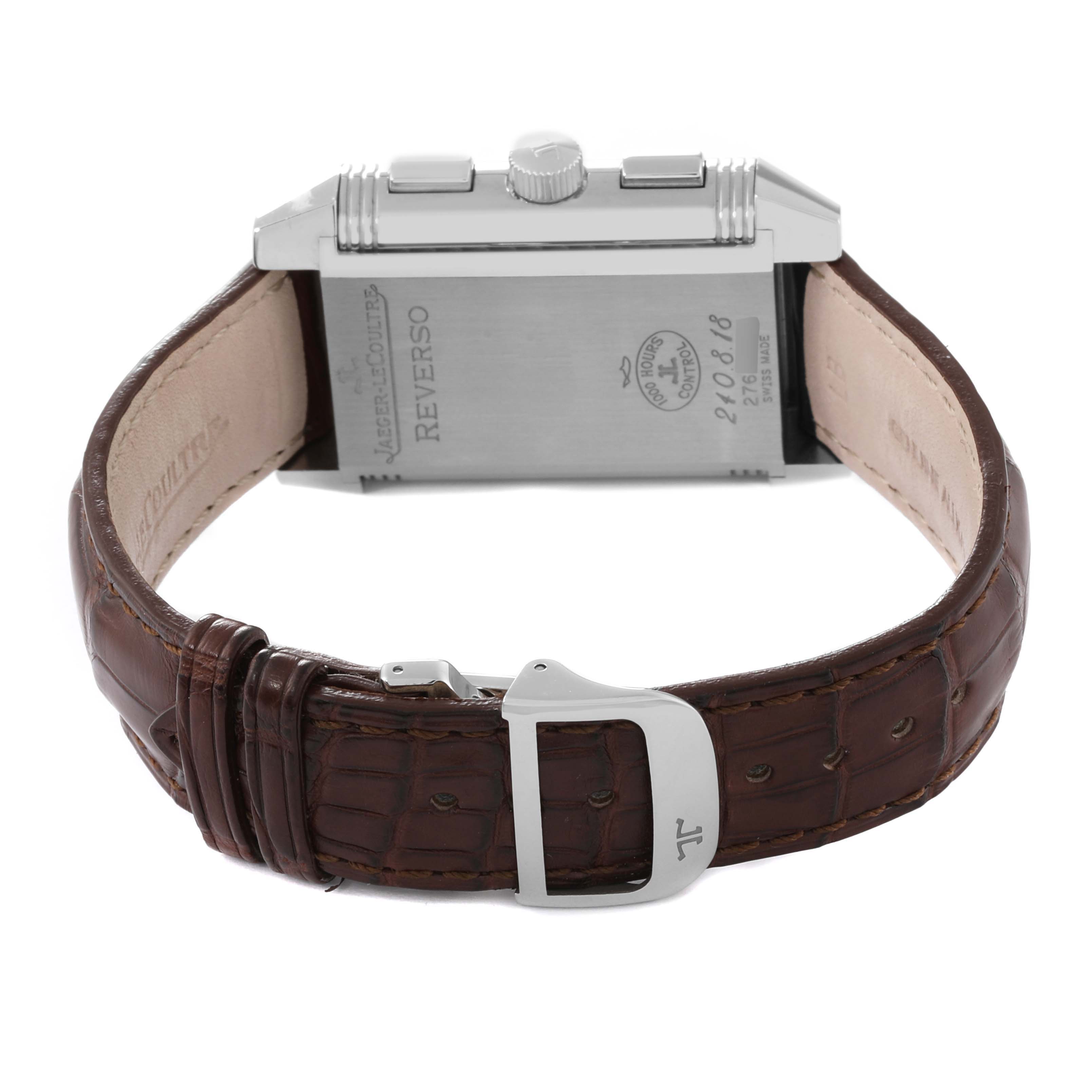 The image shows the back case and brown leather strap of a Jaeger LeCoultre Reverso Q3028420 Men's Stainless Steel Silver Dial Q3028420 Men's Stainless Steel Silver Dial watch, taken from the rear angle.