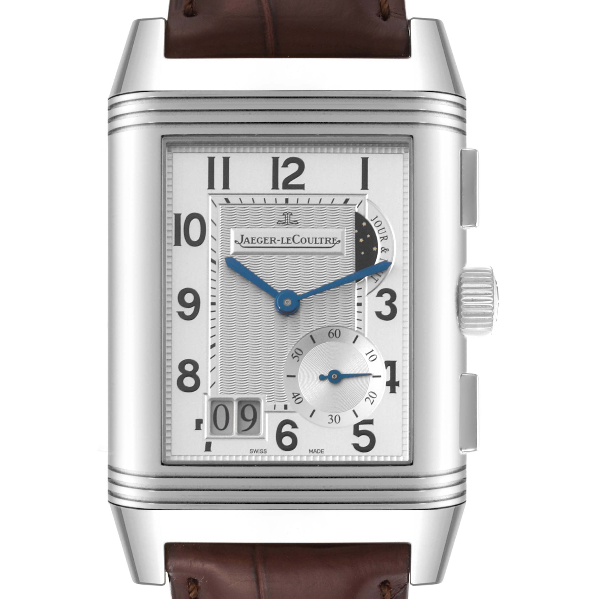 The image shows a frontal view of a Jaeger-LeCoultre Reverso watch, displaying the dial, hands, and crown.