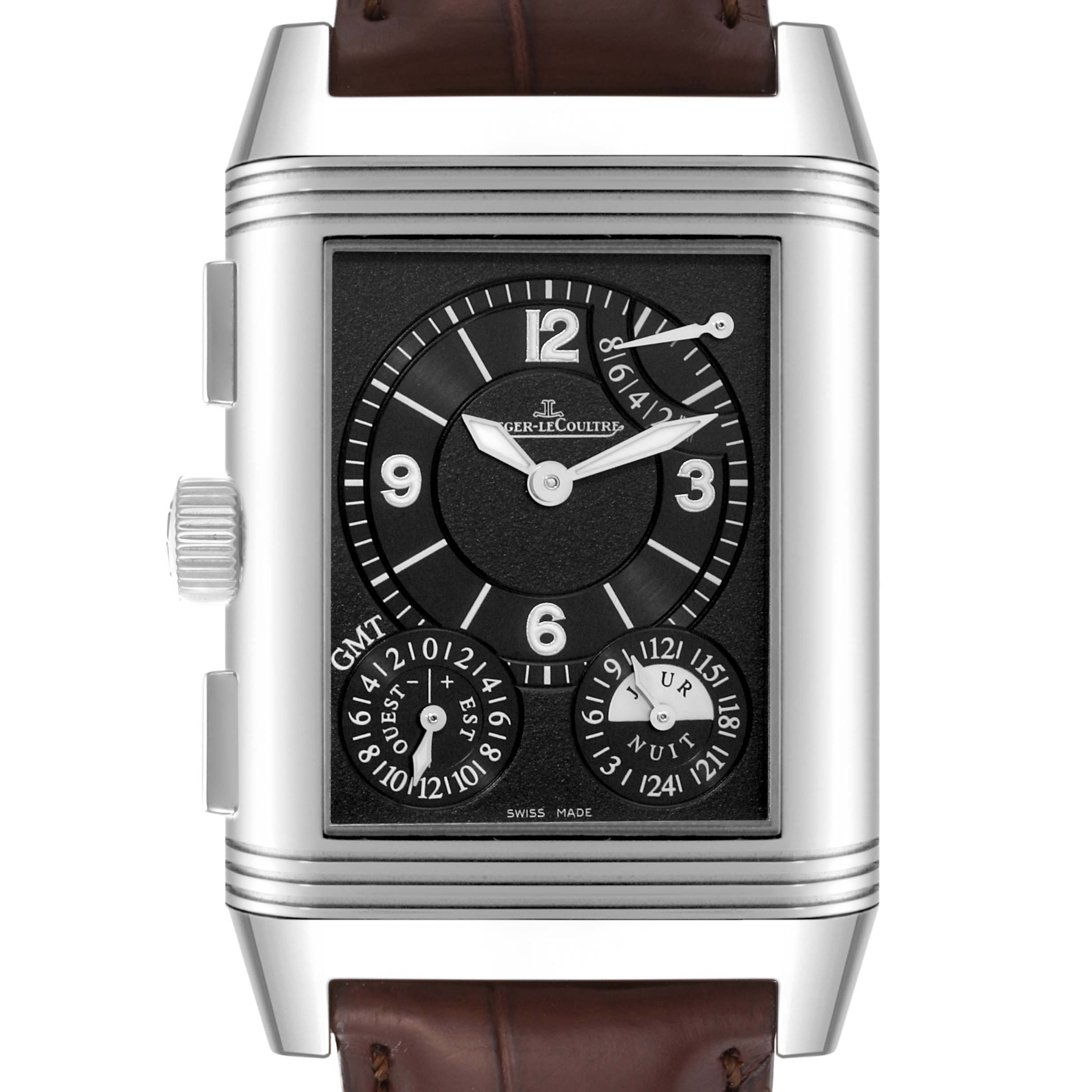 This image shows a front view of the Jaeger-LeCoultre Reverso watch, highlighting the dial and brown leather strap.