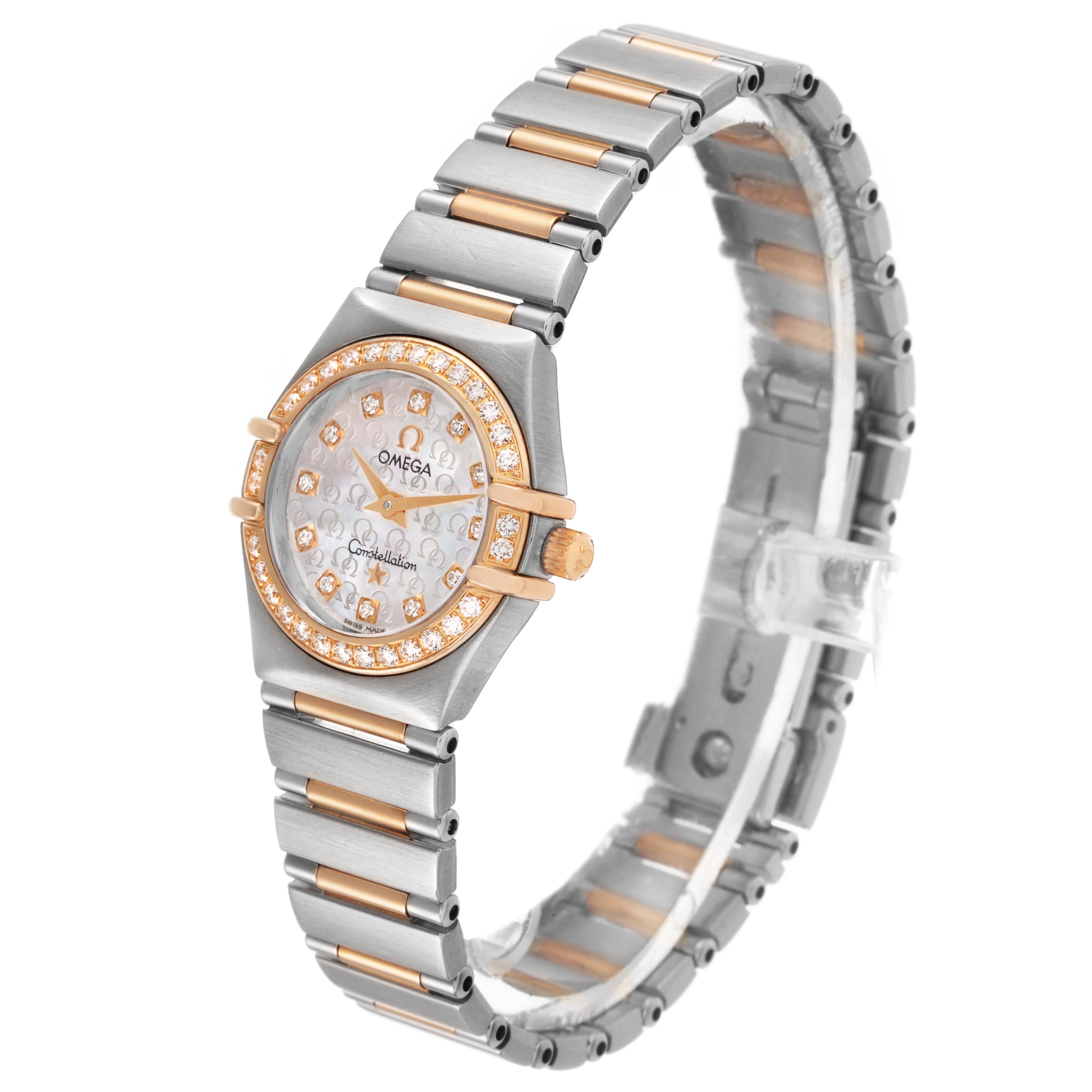 The Omega 1360.75.00 Women's Steel and Gold (two tone) Mother of Pearl Dial Constellation My Choice 1360.75.00 watch is shown at a three-quarter angle, highlighting its bezel, face, and bracelet.