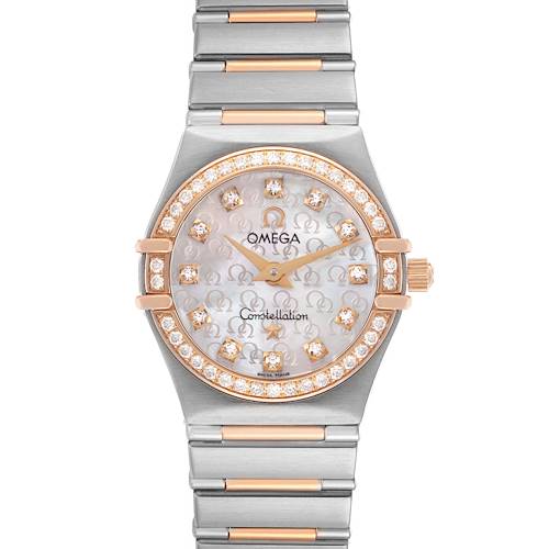 The Omega 1360.75.00 Women's Steel and Gold (two tone) Mother of Pearl Dial Constellation My Choice watch is shown from a front angle, highlighting its steel and rose gold diamond bezel and bracelet.