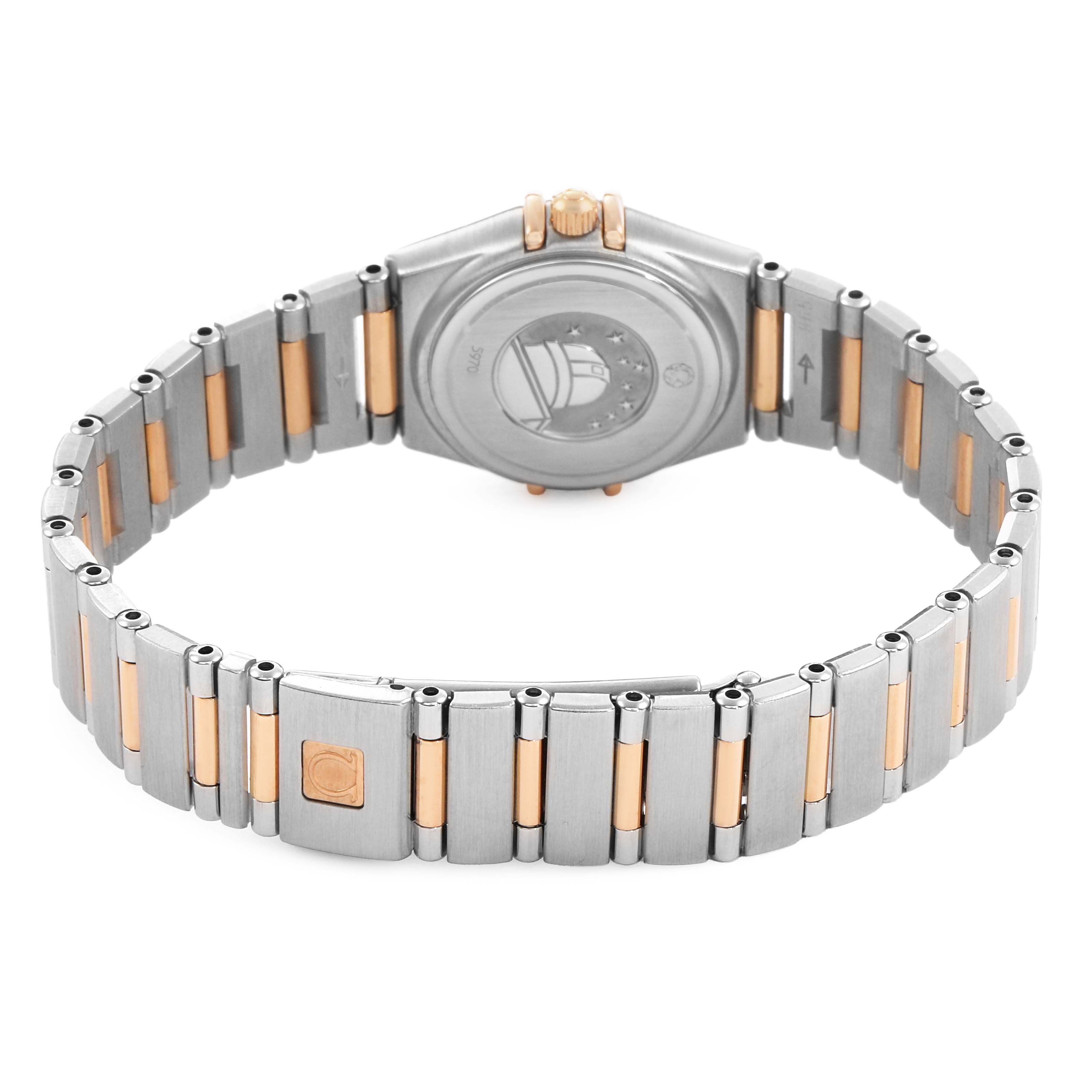 The image shows the back and bracelet of the Omega 1360.75.00 Women's Steel and Gold (two tone) Mother of Pearl Dial Constellation My Choice Steel Rose Gold Diamond Watch 1360.75.00.