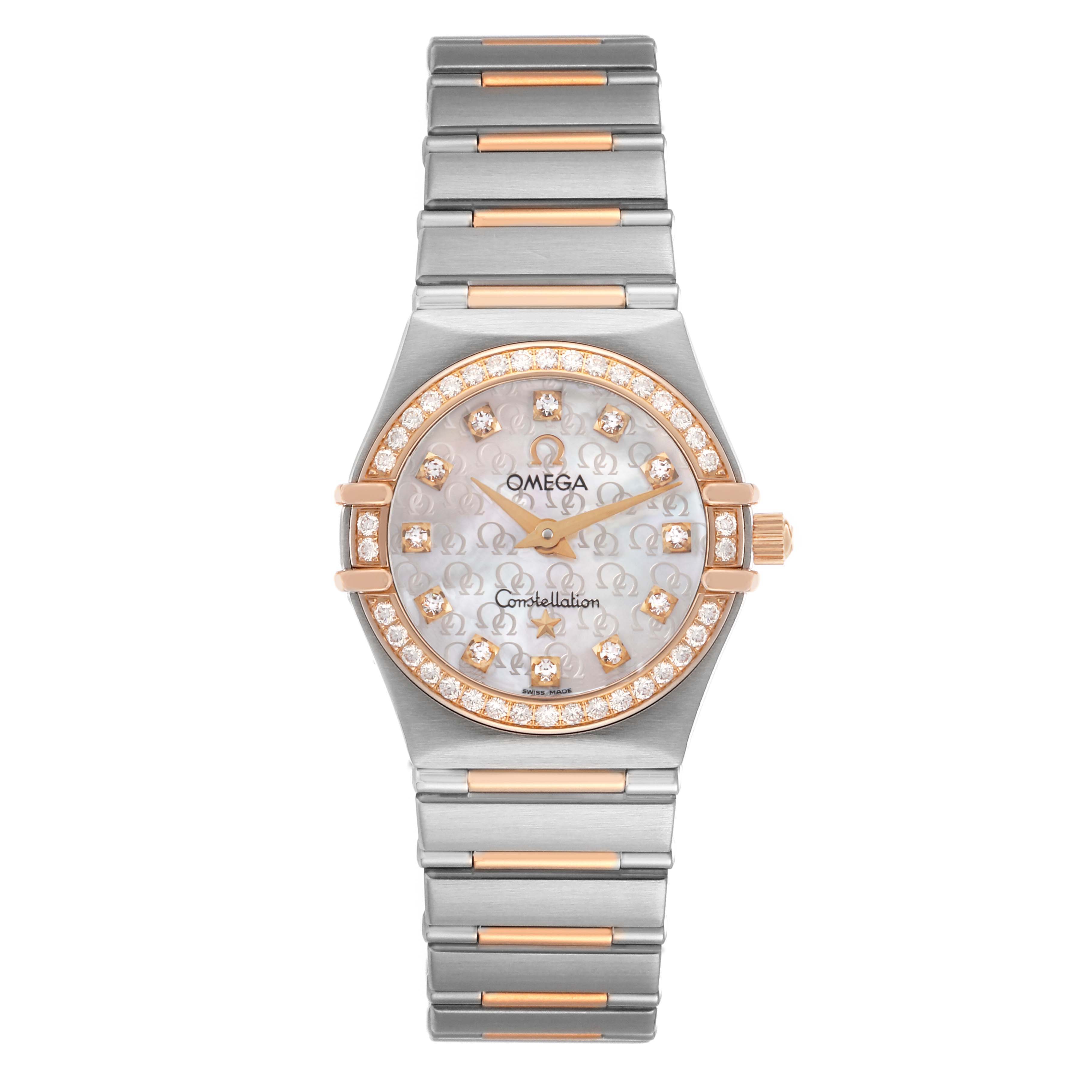The Omega 1360.75.00 Women's Steel and Gold (two tone) Mother of Pearl Dial Constellation My Choice model 1360.75.00 is shown from the front, highlighting its steel, rose gold, and diamond accents.