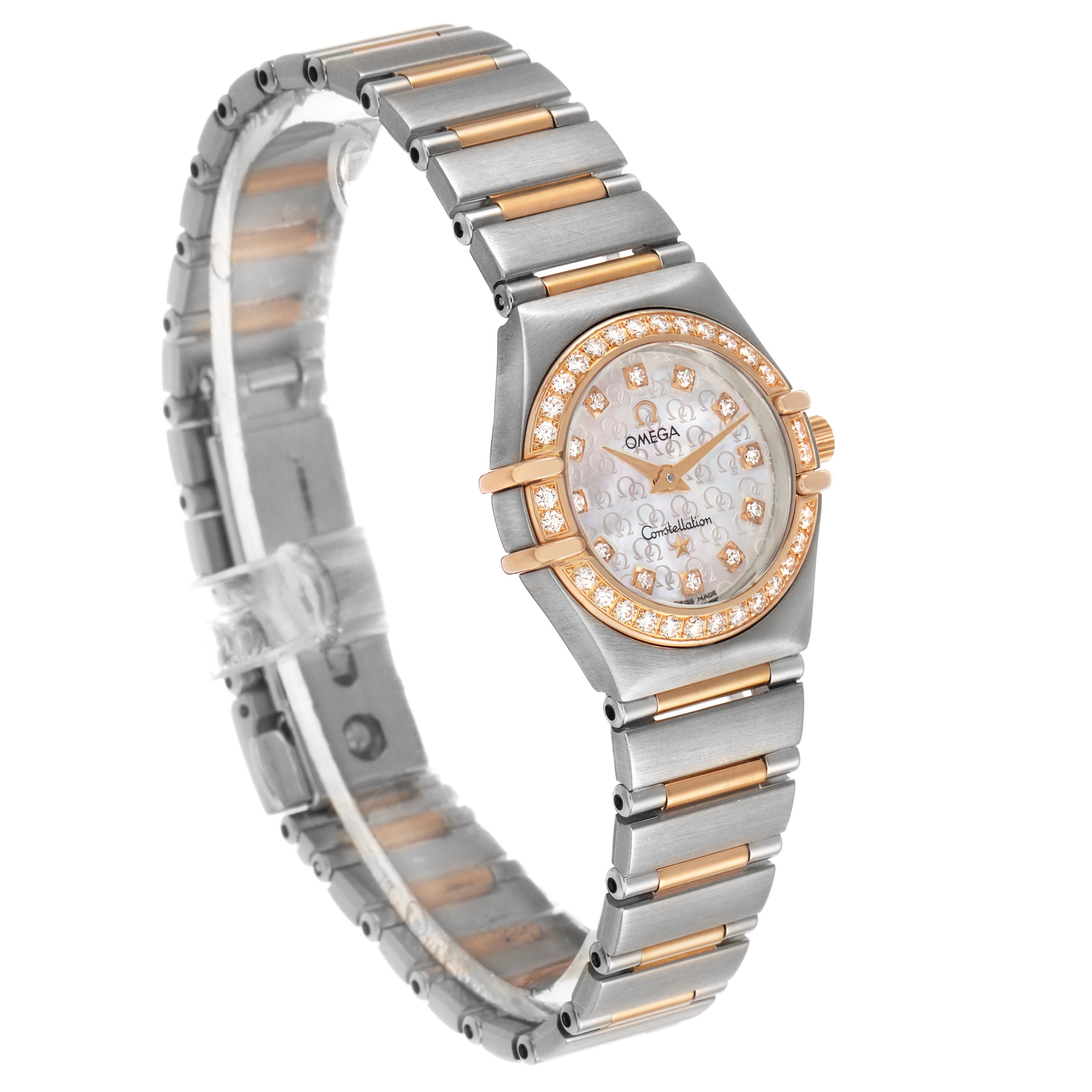 The Omega 1360.75.00 Women's Steel and Gold (two tone) Mother of Pearl Dial Constellation My Choice watch is shown at a slight angle, highlighting its steel and rose gold bracelet and diamond bezel.