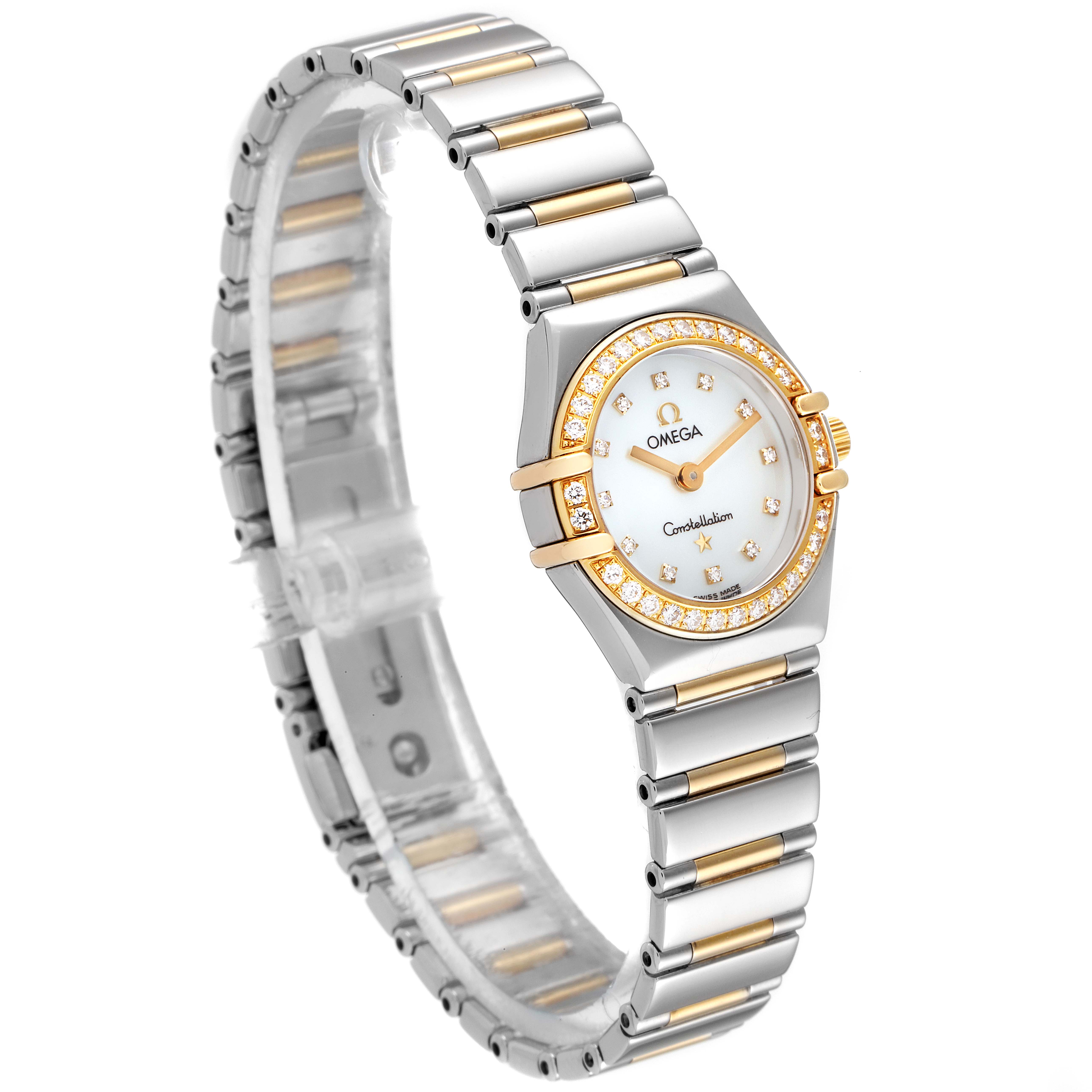 The image shows a side-angle view of the Omega 1365.75.00 Women's Steel and Gold (two tone) Mother of Pearl Dial 1365.75.00 Women's Steel and Gold (two tone) Mother of Pearl Dial Constellation Steel Yellow Gold Diamond Ladies Watch 1365.75.00.