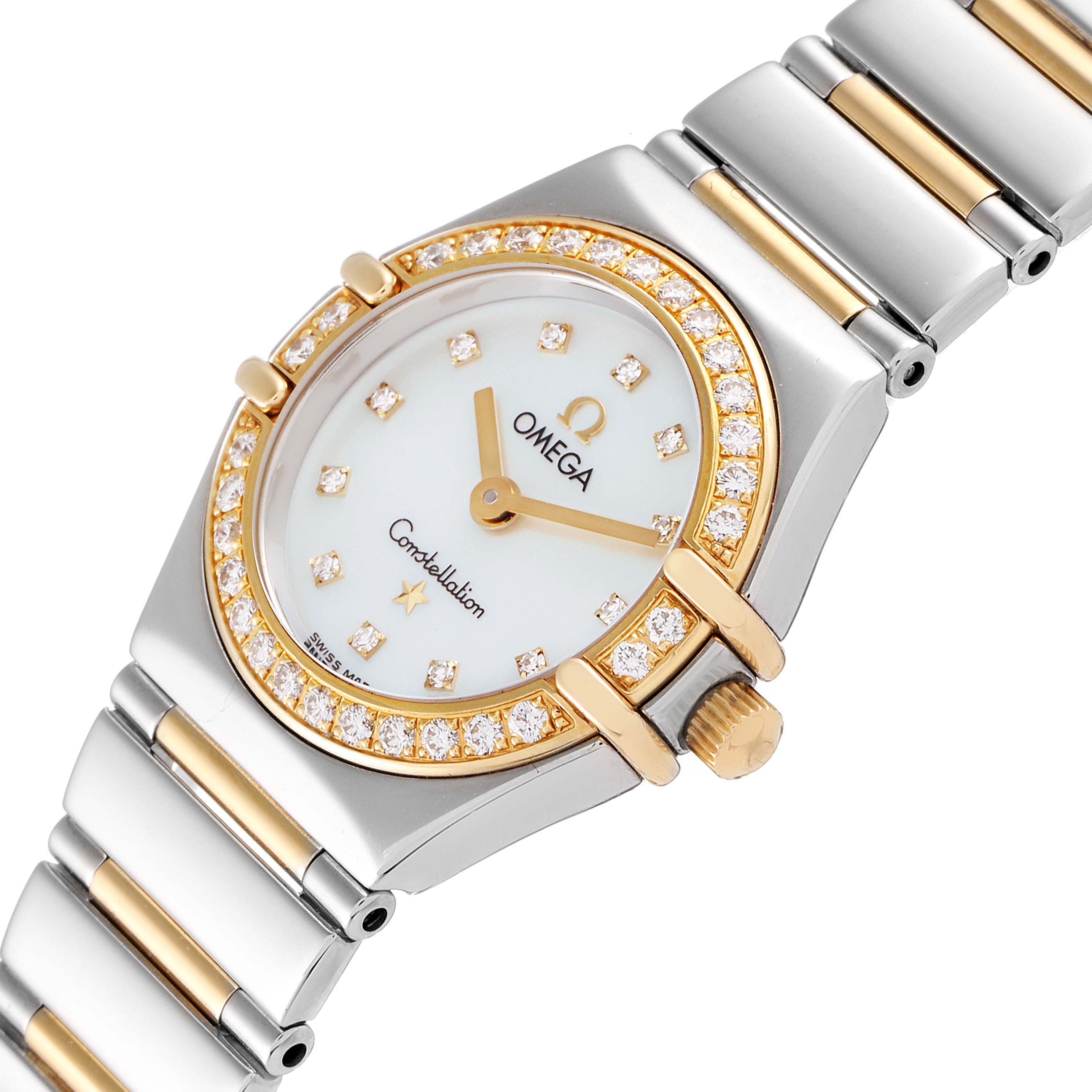 The Constellation Steel Yellow Gold Diamond Ladies Watch 1365.75.00 by Omega 1365.75.00 Women's Steel and Gold (two tone) Mother of Pearl Dial 1365.75.00 Women's Steel and Gold (two tone) Mother of Pearl Dial is shown at an angle highlighting the face, bezel, and part of the band.