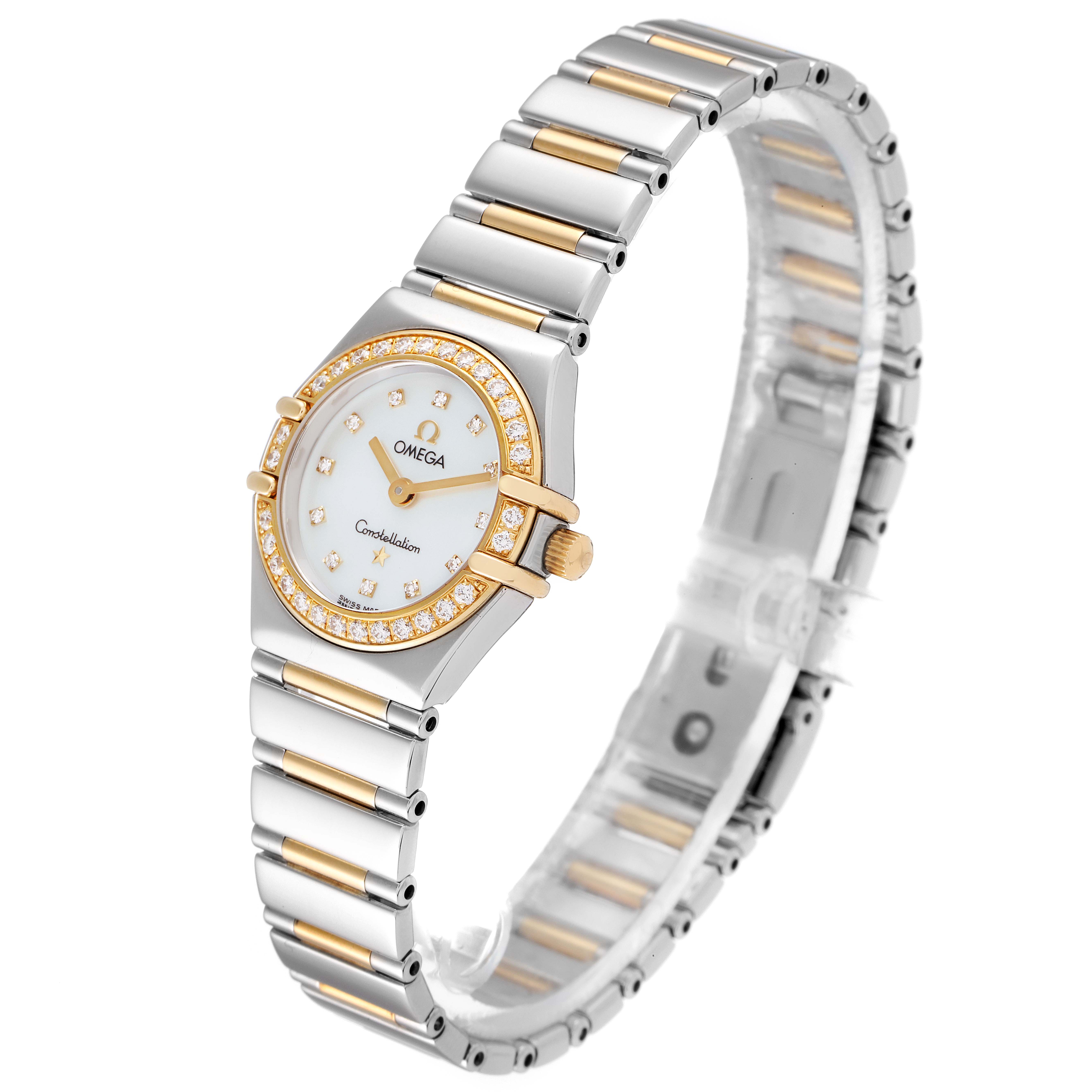 The image shows the front and side of the Omega 1365.75.00 Women's Steel and Gold (two tone) Mother of Pearl Dial 1365.75.00 Women's Steel and Gold (two tone) Mother of Pearl Dial Constellation Steel Yellow Gold Diamond Ladies Watch 1365.75.00, highlighting its dial and bracelet.