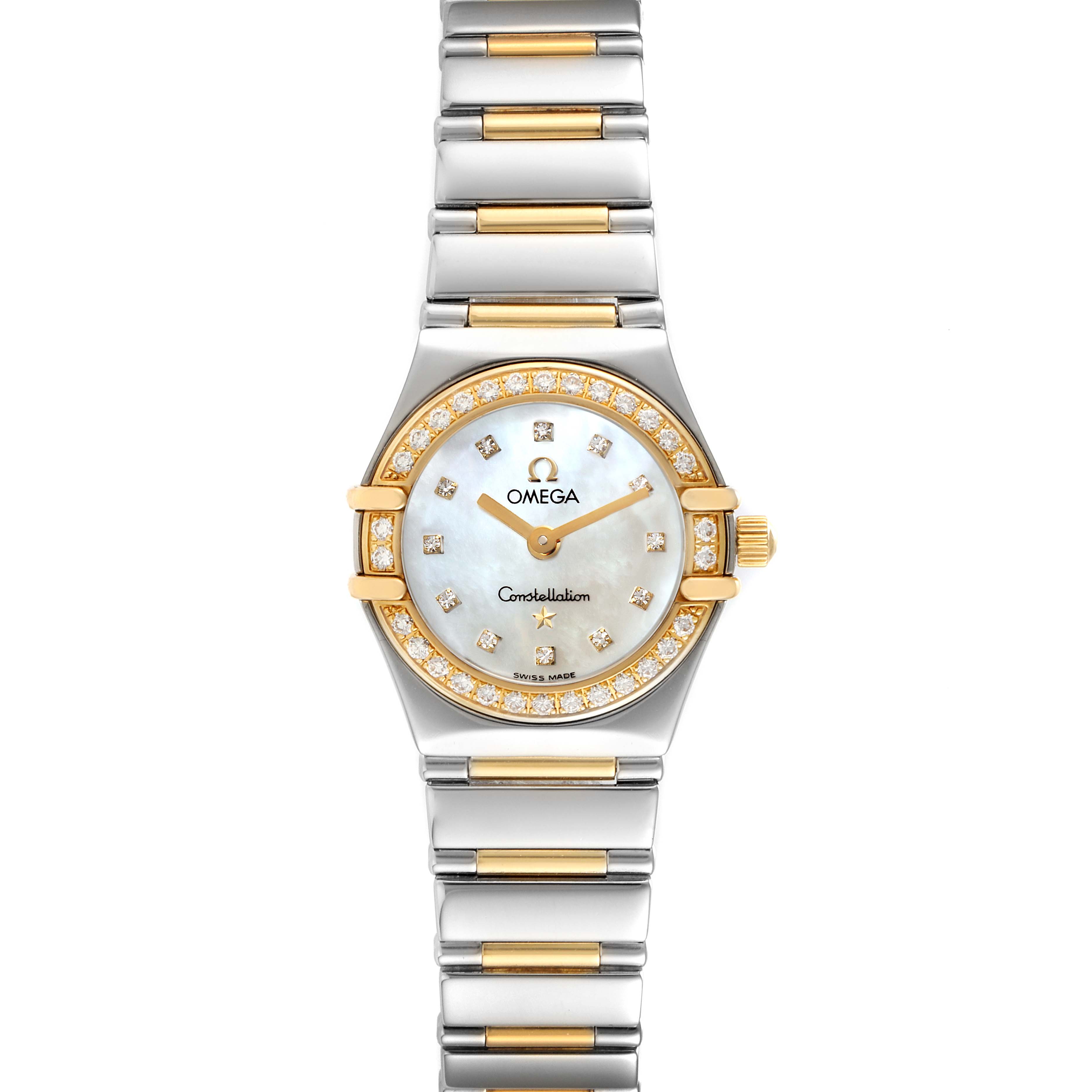 The Omega 1365.75.00 Women's Steel and Gold (two tone) Mother of Pearl Dial 1365.75.00 Women's Steel and Gold (two tone) Mother of Pearl Dial Constellation model 1365.75.00 watch is shown from a front angle, highlighting the face, bezel, crown, and bracelet.