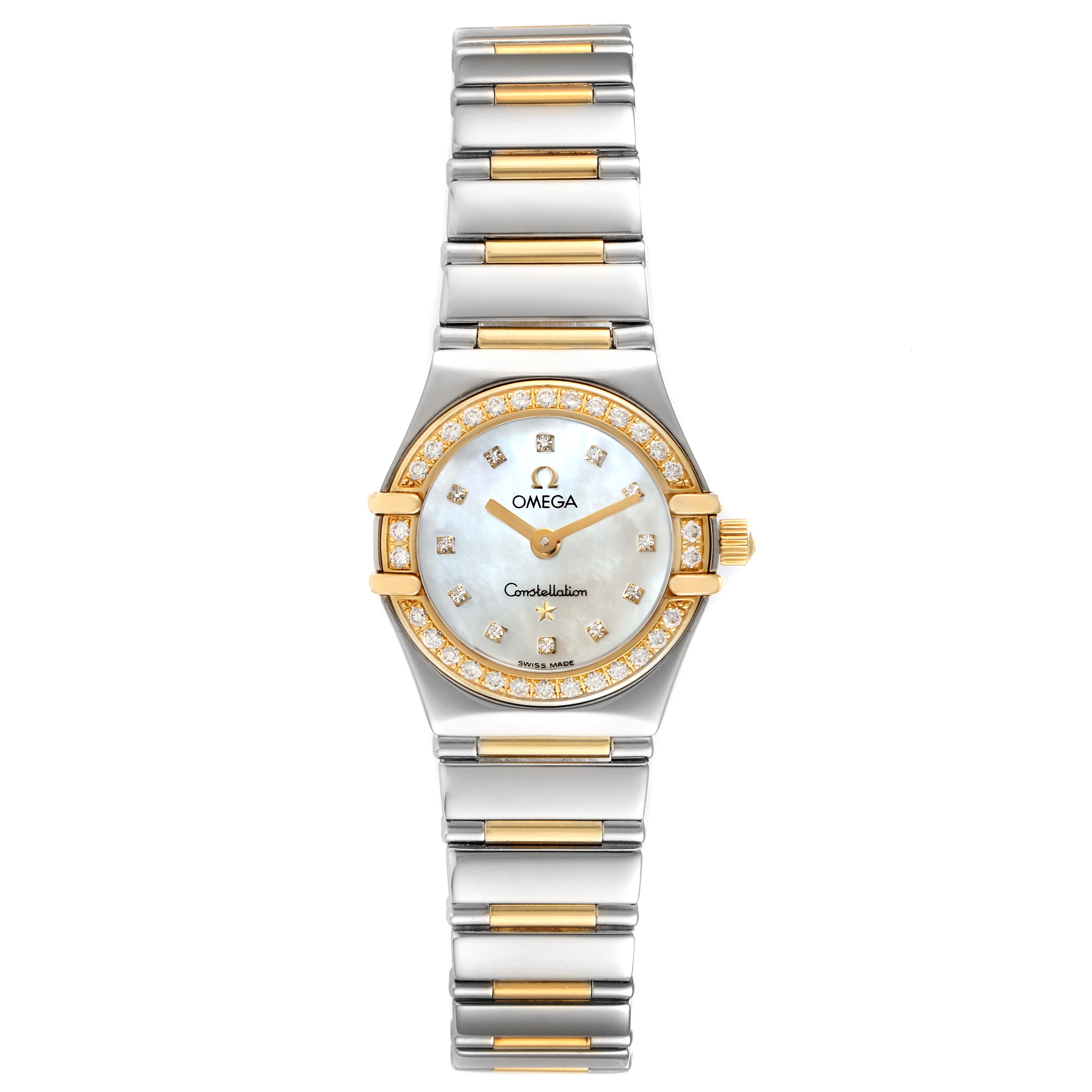 The image shows a front view of the Omega 1365.75.00 Women's Steel and Gold (two tone) Mother of Pearl Dial 1365.75.00 Women's Steel and Gold (two tone) Mother of Pearl Dial Constellation Steel Yellow Gold Diamond Ladies Watch 1365.75.00, displaying the dial and bracelet.