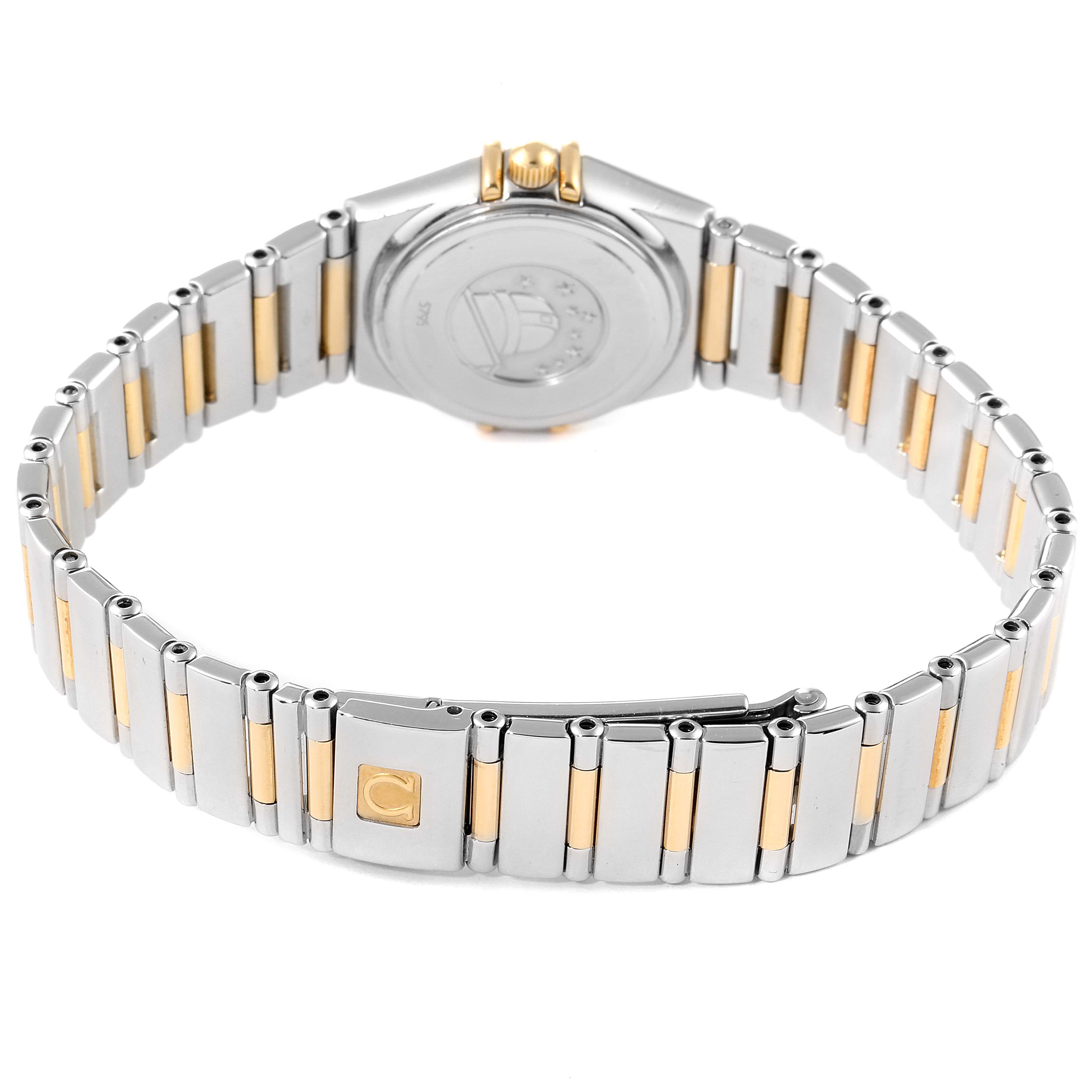 The image shows the back of an Omega 1365.75.00 Women's Steel and Gold (two tone) Mother of Pearl Dial 1365.75.00 Women's Steel and Gold (two tone) Mother of Pearl Dial Constellation Steel Yellow Gold Diamond Ladies Watch 1365.75.00, highlighting its bracelet and clasp.