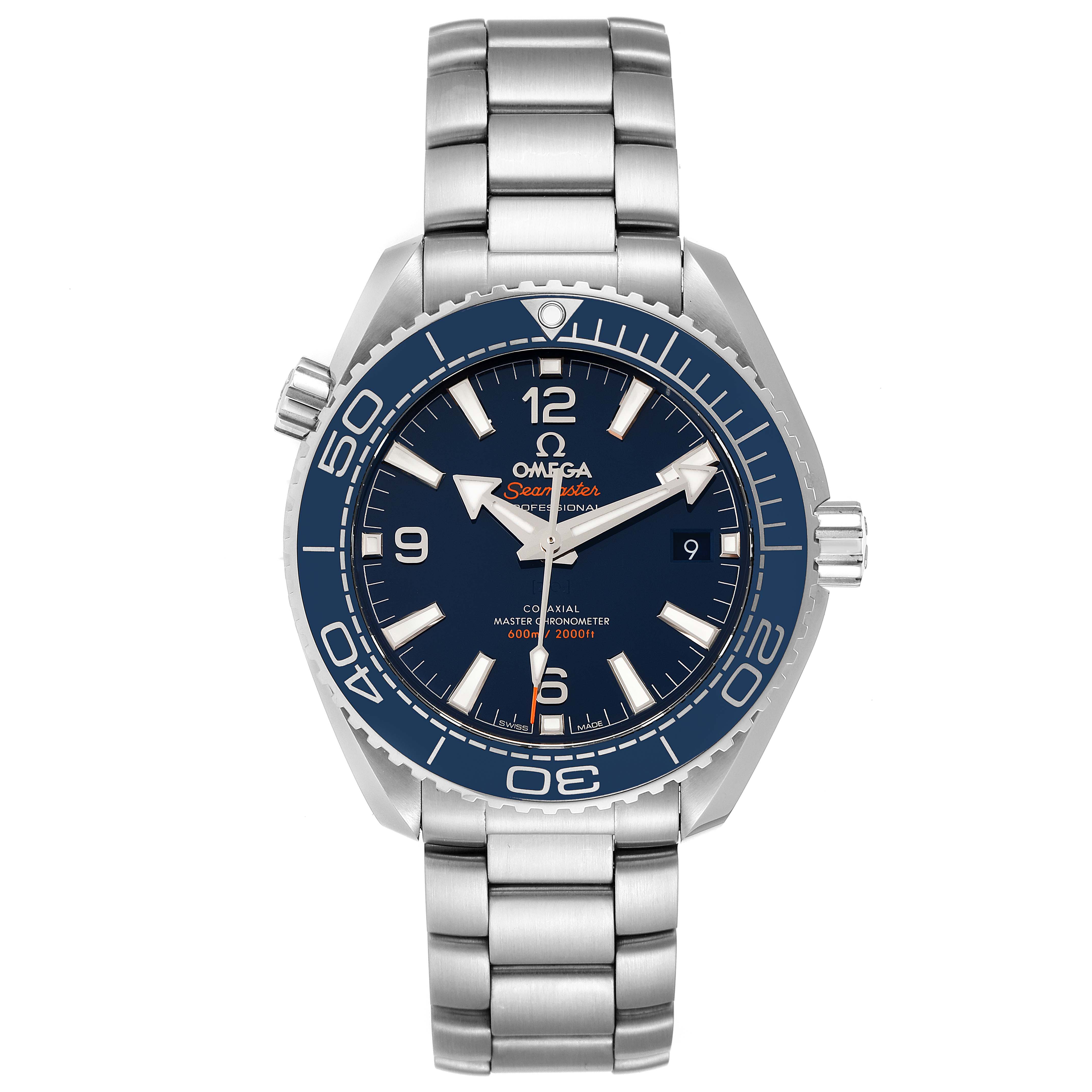 The image shows a front view of the Omega Planet Ocean 215.30.40.20.03.001 Men's Stainless Steel Blue Dial 215.30.40.20.03.001 Men's Stainless Steel Blue Dial watch, highlighting its blue dial, bezel, and silver bracelet.
