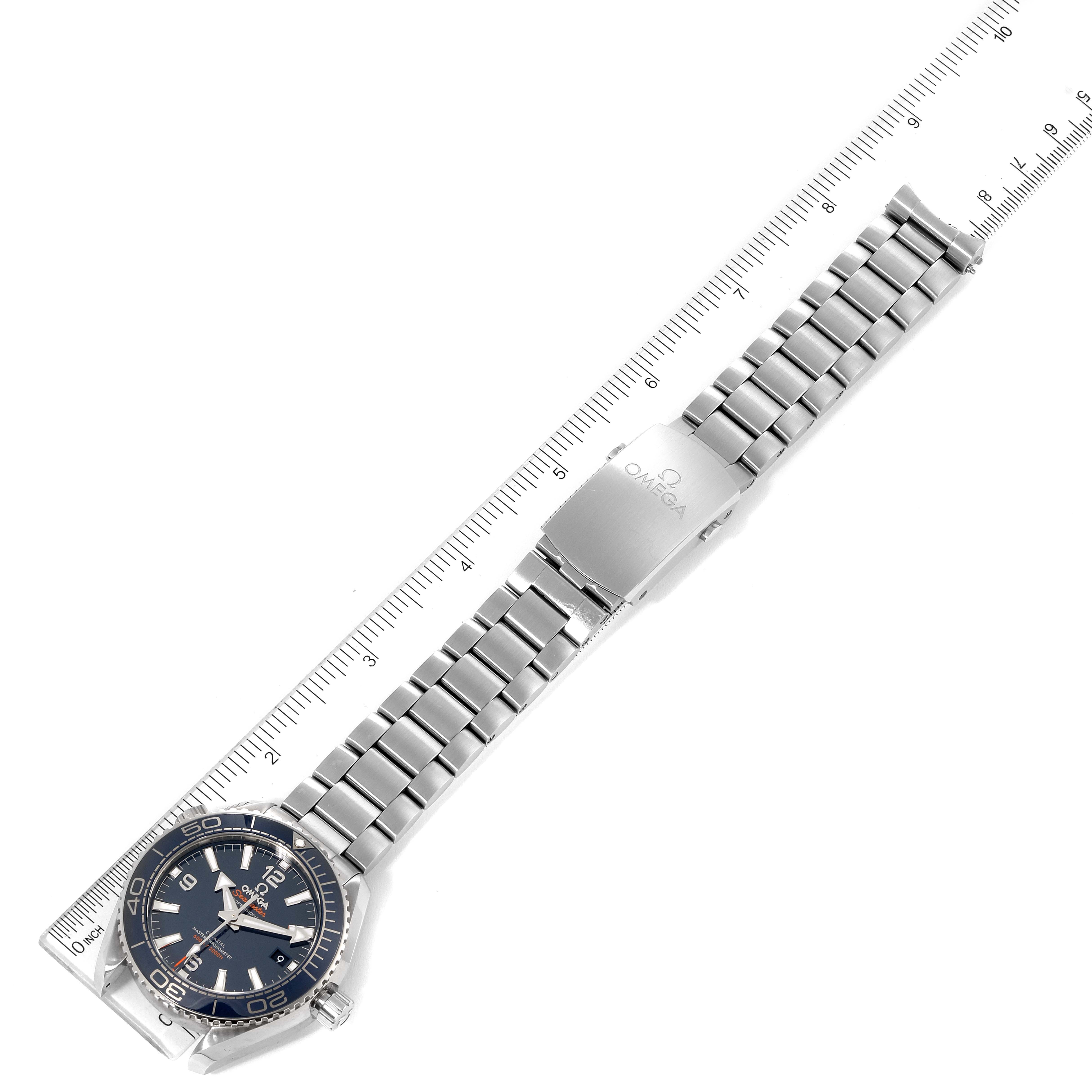 The image shows an Omega Planet Ocean 215.30.40.20.03.001 Men's Stainless Steel Blue Dial 215.30.40.20.03.001 Men's Stainless Steel Blue Dial watch from an overhead angle, including its face, bracelet, and clasp.
