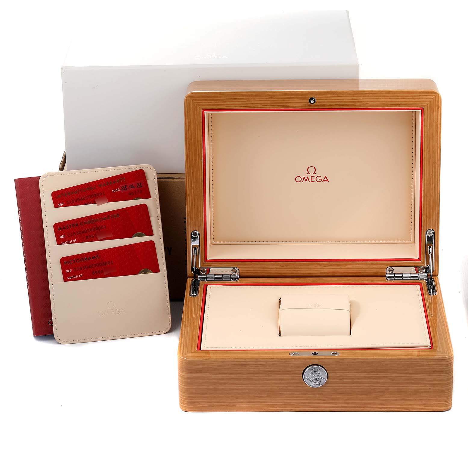 The image shows the packaging and warranty documentation for an Omega Planet Ocean 215.30.40.20.03.001 Men's Stainless Steel Blue Dial 215.30.40.20.03.001 Men's Stainless Steel Blue Dial watch.