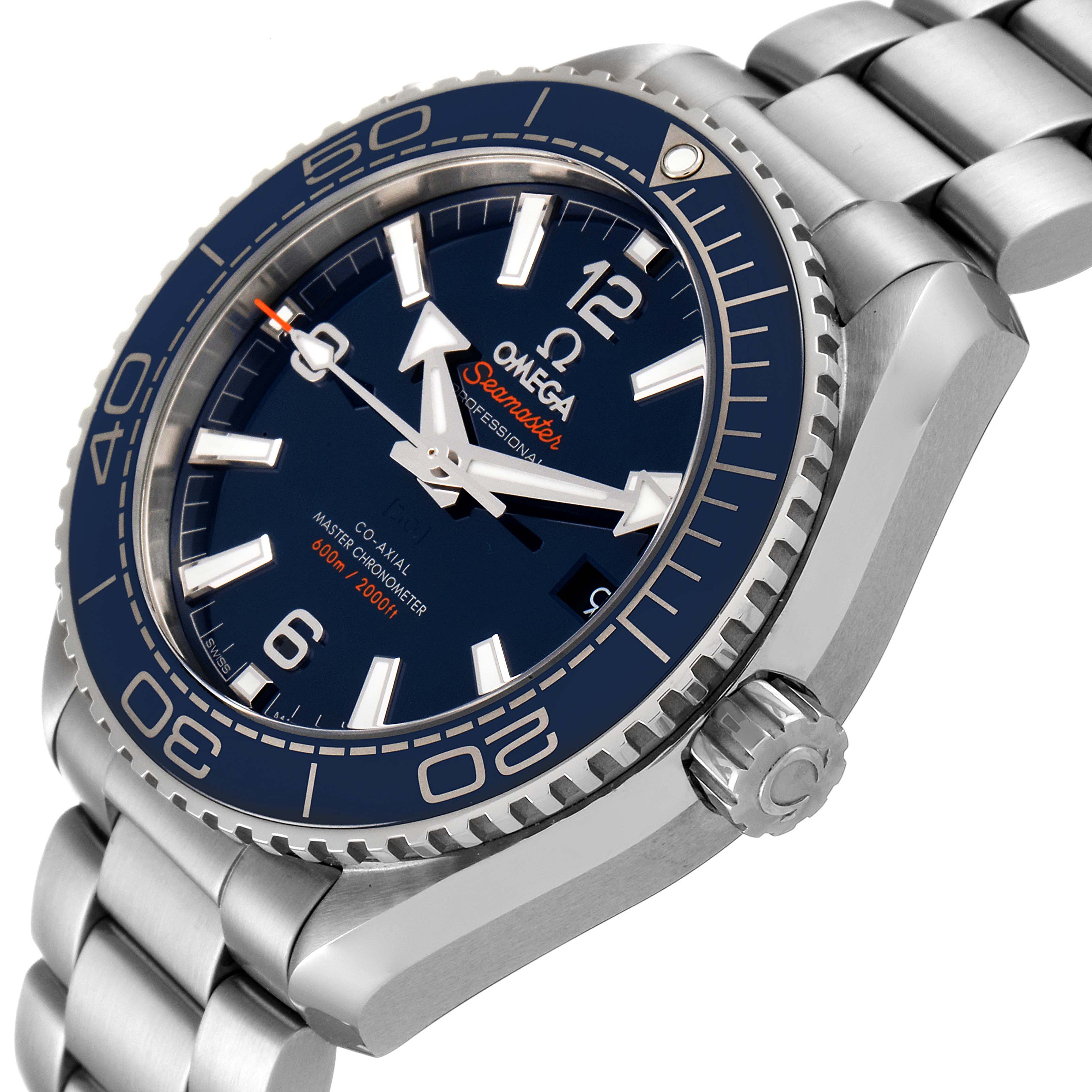 The Omega Planet Ocean 215.30.40.20.03.001 Men's Stainless Steel Blue Dial 215.30.40.20.03.001 Men's Stainless Steel Blue Dial watch is shown from an oblique angle, displaying the dial, bezel, crown, and bracelet.