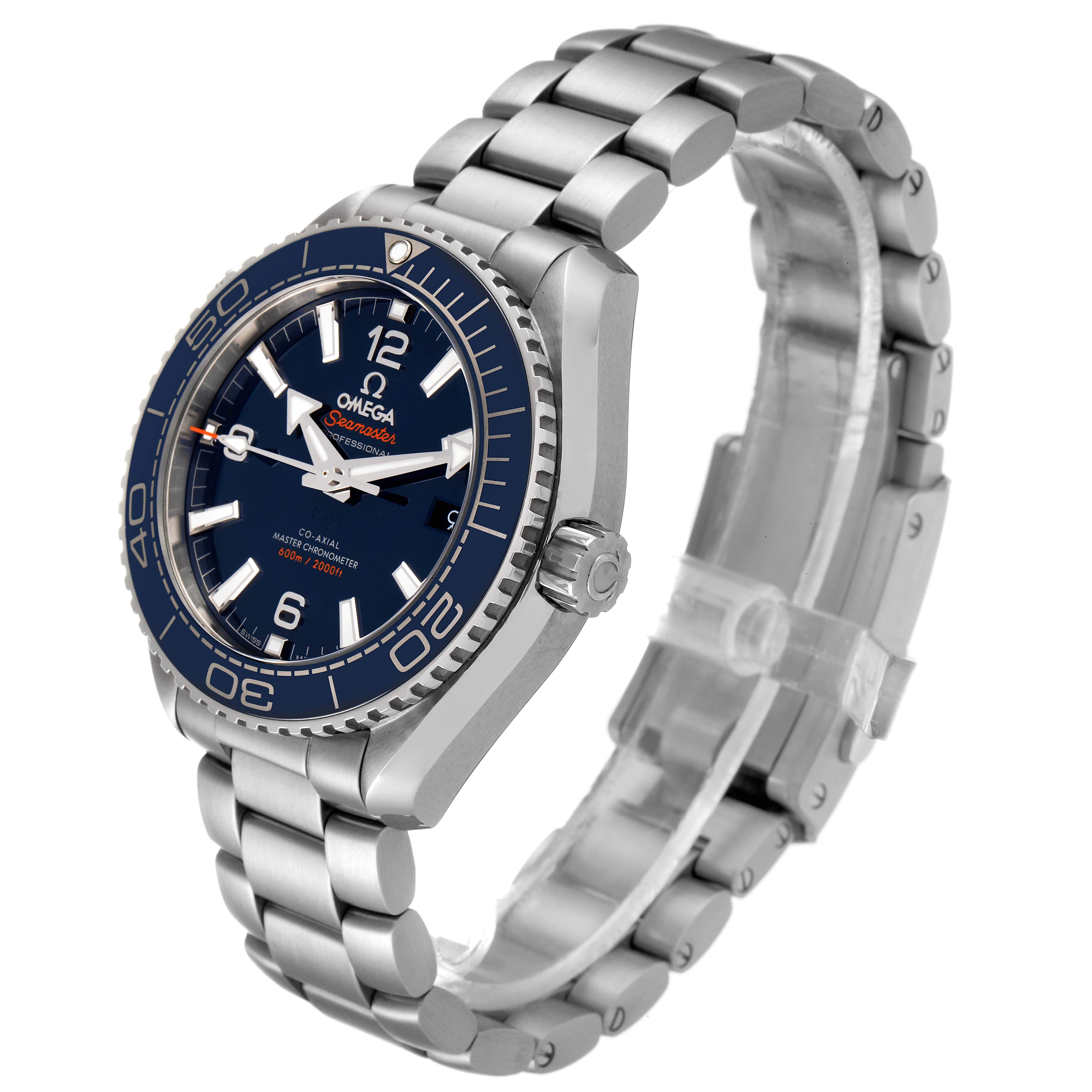 The image shows a side angle of the Omega Planet Ocean 215.30.40.20.03.001 Men's Stainless Steel Blue Dial 215.30.40.20.03.001 Men's Stainless Steel Blue Dial watch, highlighting its face, bezel, crown, and stainless steel bracelet.
