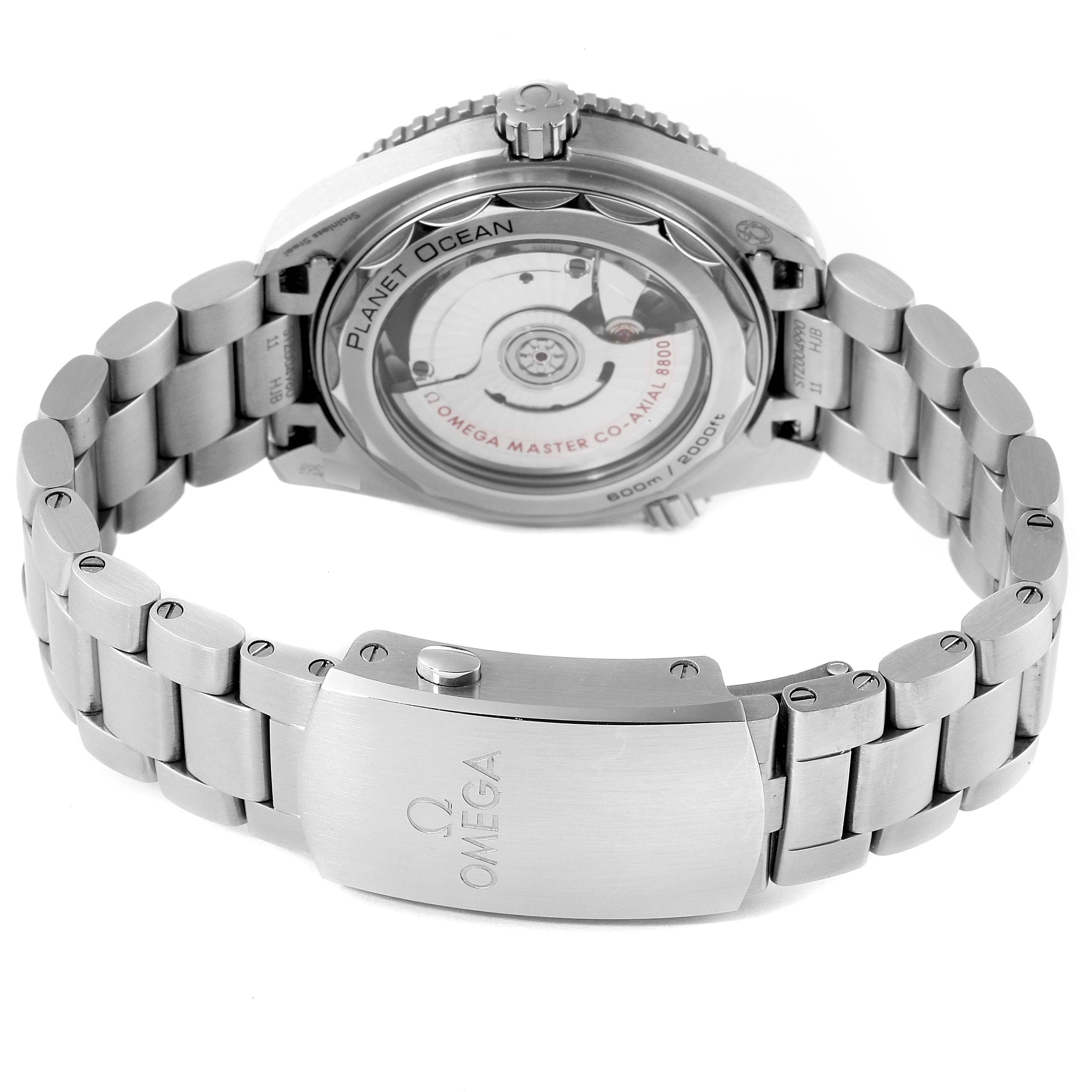 The image shows the back view of an Omega Planet Ocean 215.30.40.20.03.001 Men's Stainless Steel Blue Dial 215.30.40.20.03.001 Men's Stainless Steel Blue Dial watch, highlighting the case back, bracelet, and clasp.