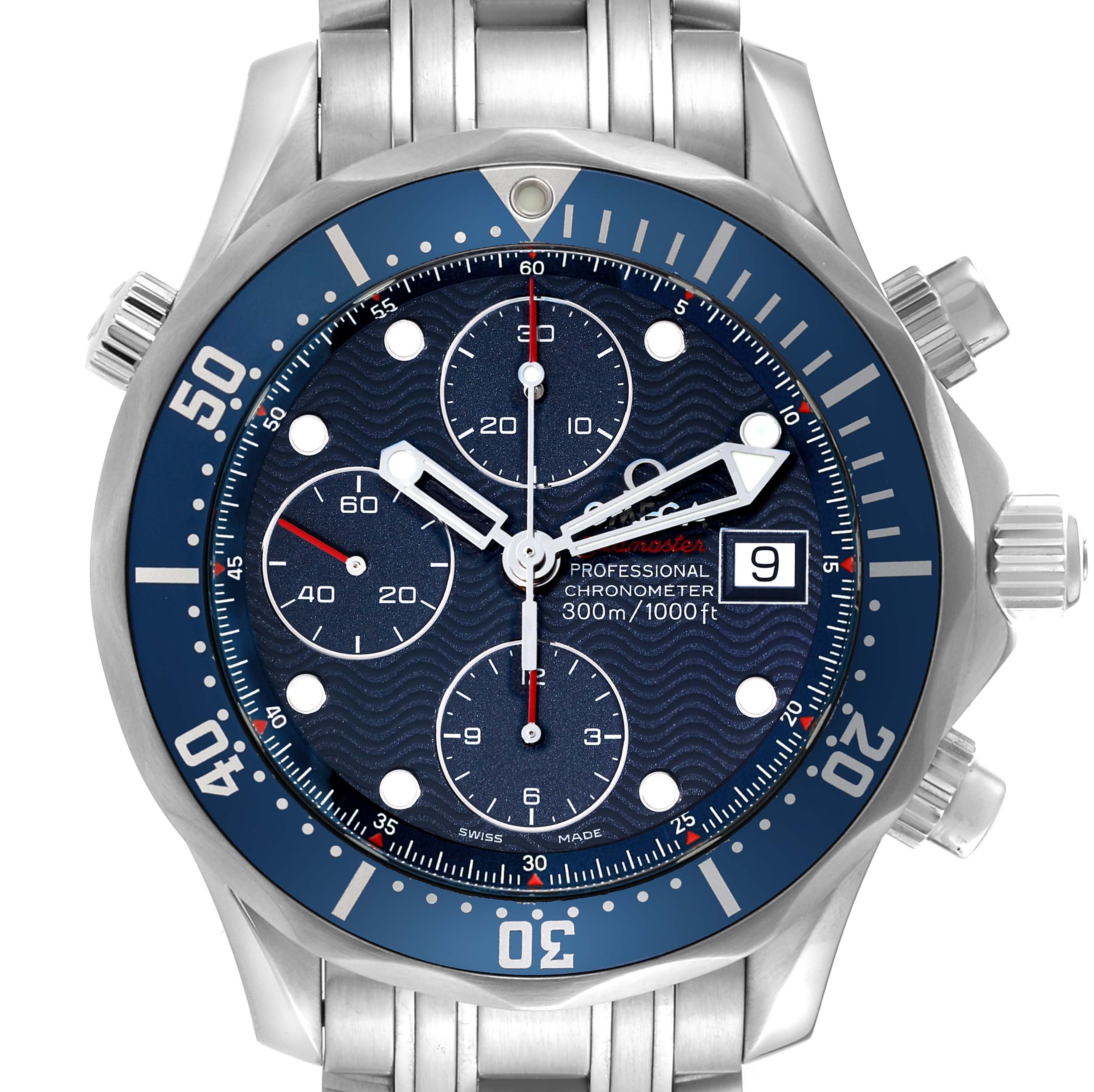 The image shows a frontal view of an Omega Seamaster 2225.80.00 Men
s Stainless Steel Blue Dial 2225.80.00 Men
s Stainless Steel Blue Dial watch, highlighting its face, bezel, subdials, and bracelet.